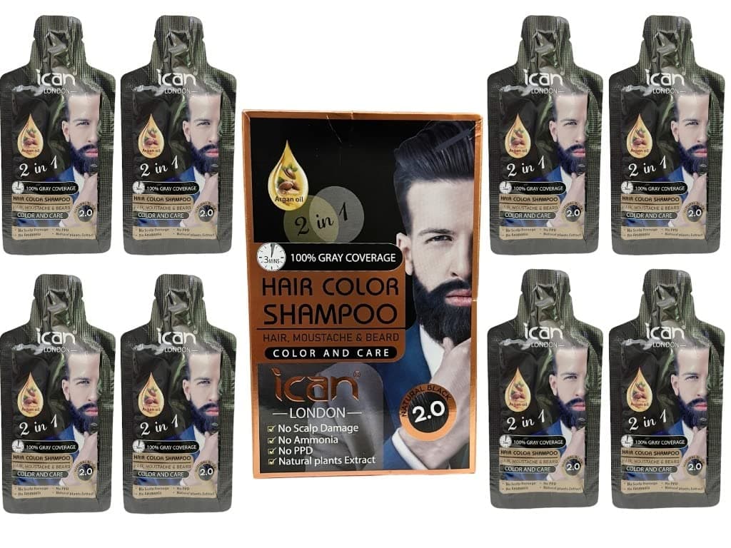 ICAN LONDON Hair Color Shampoo Moustache Beard Gray Coverage (30mlx8 Sachet, Natural Black)