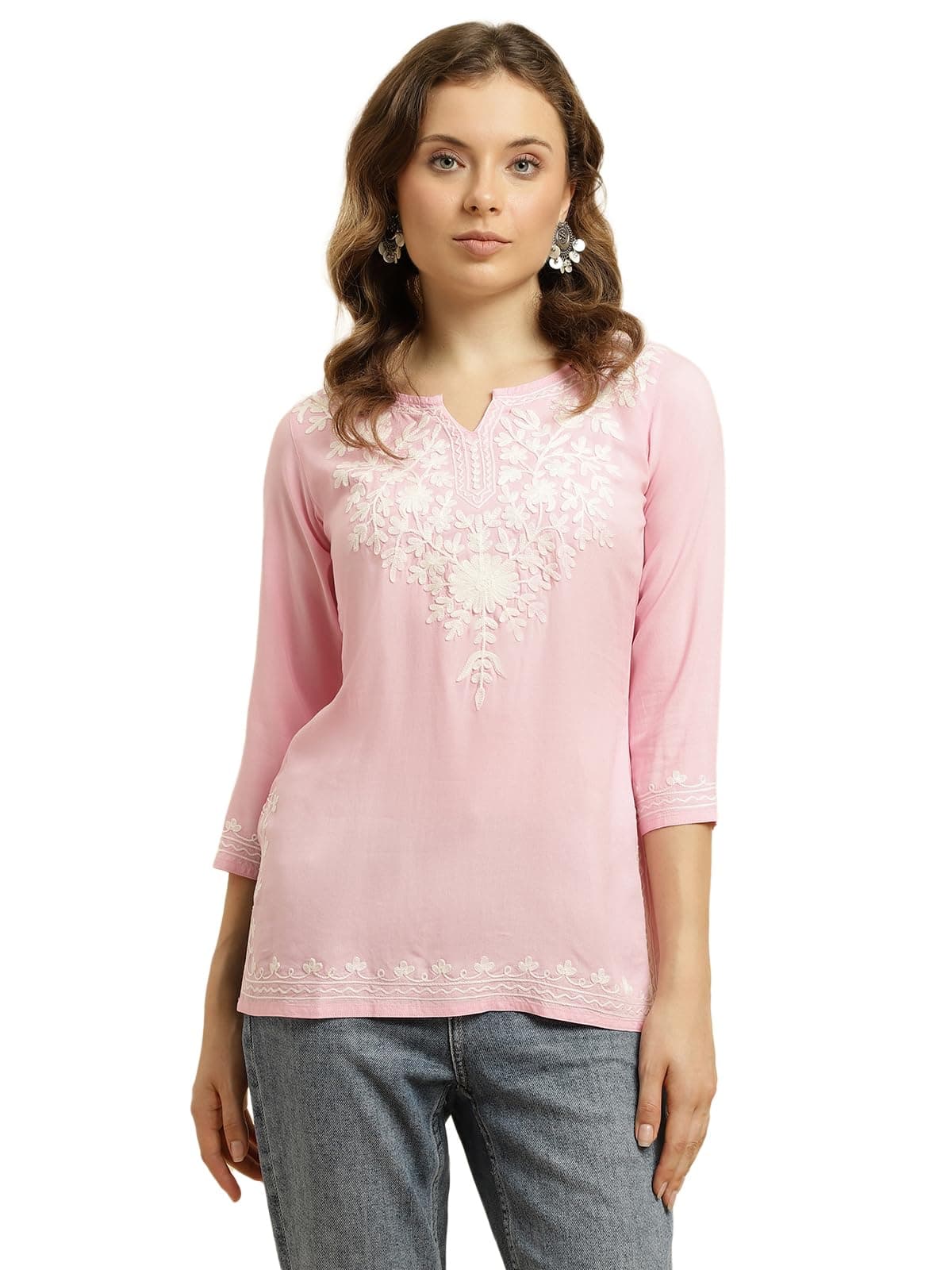 QAZMI Kashmiri Embroidered Short Kurti Light Pink
