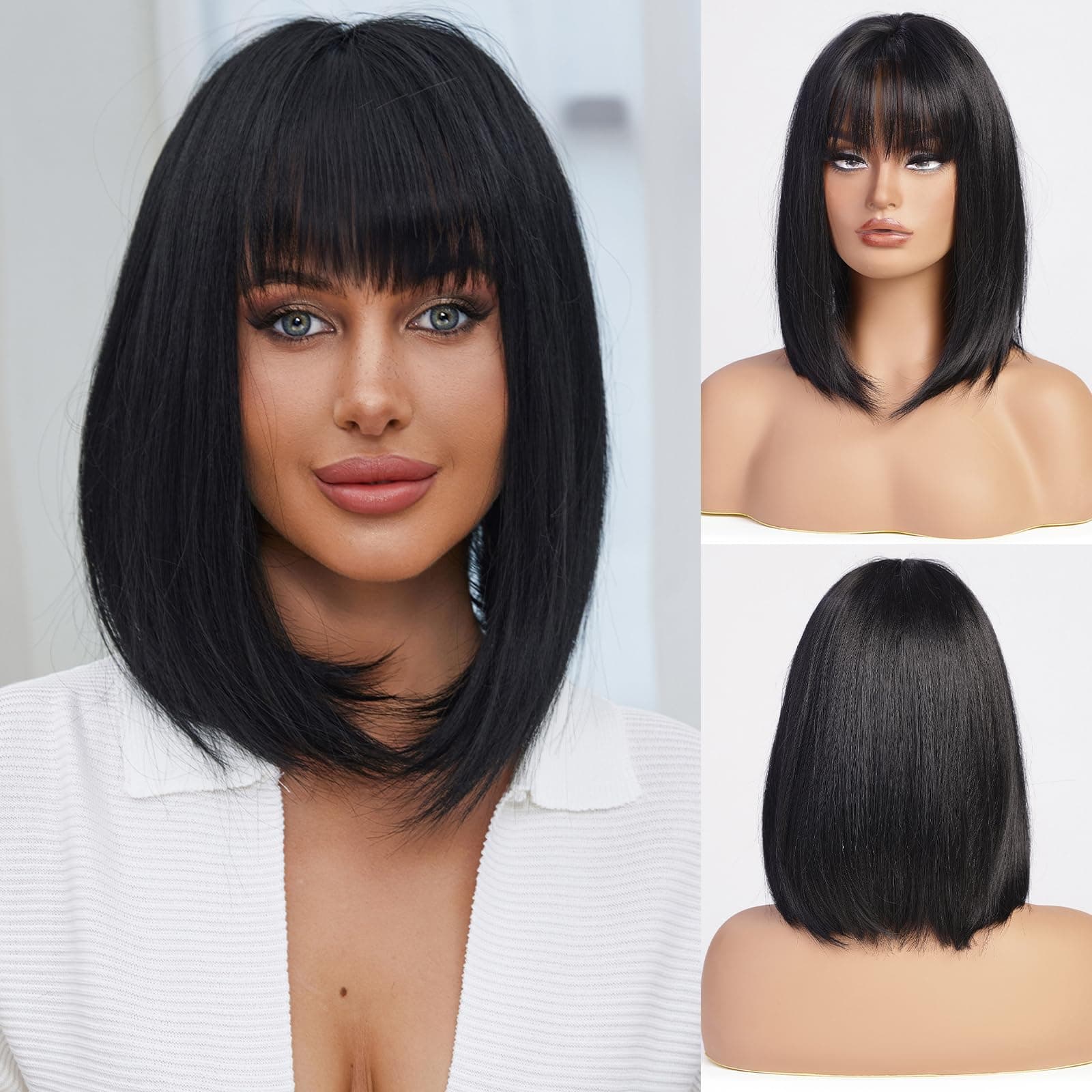EMMOR Black Bob Wig with Bangs 15" Short Bob Wigs for Women Short Black Wig Heat Resistant Synthetic Wig Natural Looking for Daily Use(Black)