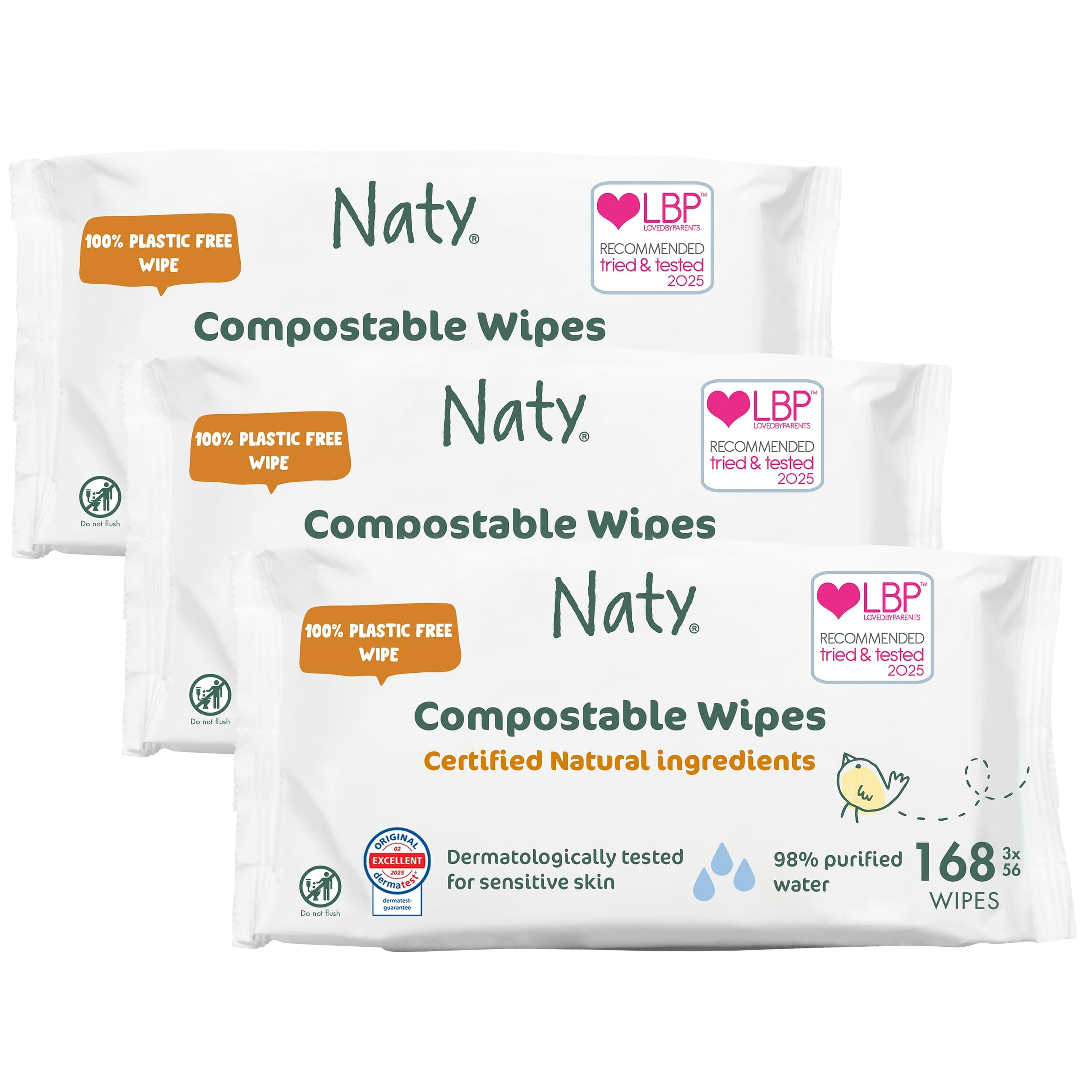 Eco by Naty Baby Wipes Unscented - 100% Compostable and Plant-Based Wipes, Good for Babies and Newborn Sensitive Skin (168 Count - 3 packs of 56)