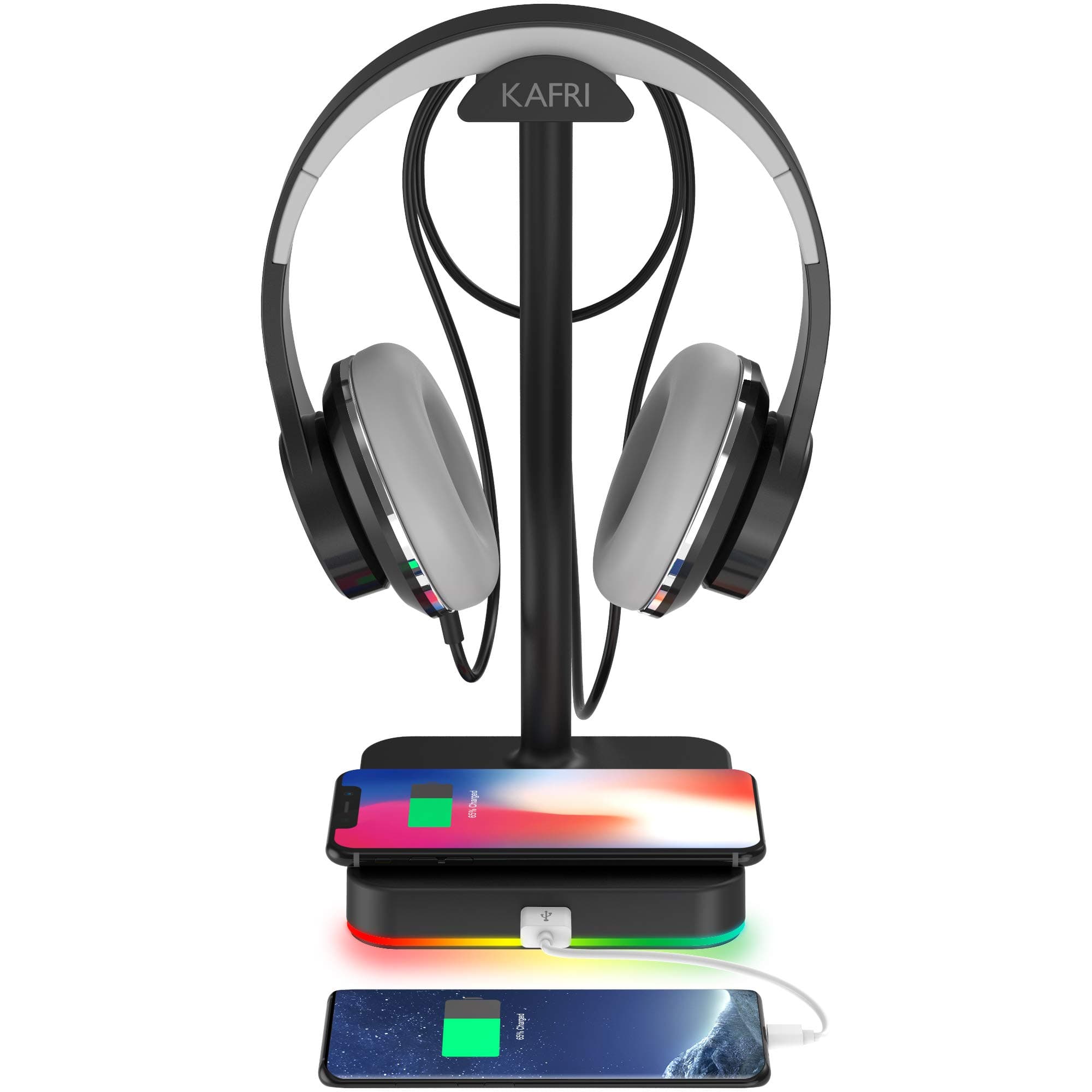 KAFRI RGB Headphone Stand with Wireless Charger Desk Gaming Headset Holder Hanger Rack with 10W/7.5W QI Charging Pad and QC 3.0 USB Port - Suitable for Gamer Desktop Table Game Earphone Accessories