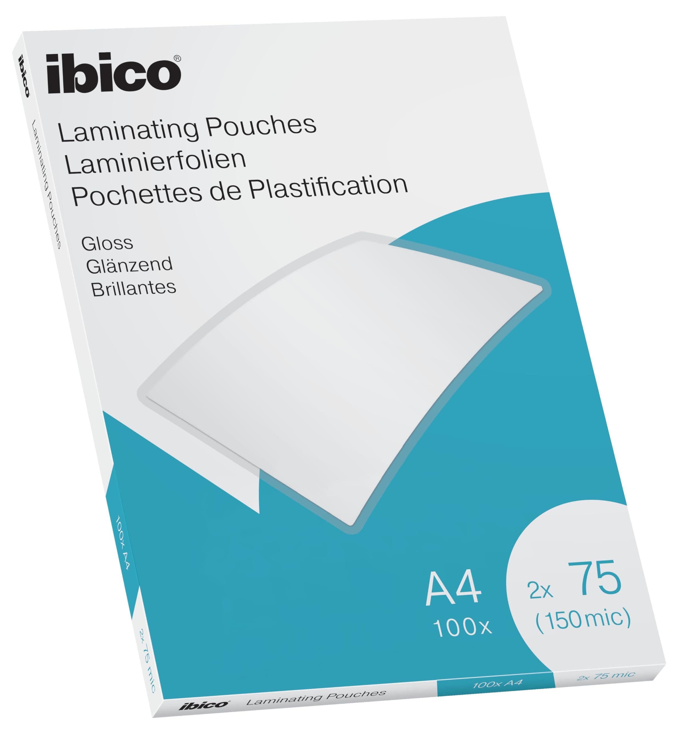 Ibico Laminating Pouches A4, 150 Micron (2x75), Anti-Static, Water Resistant, Rounded Corners, Crystal Clear Gloss Finish, Pack of 100 - Premium Quality & Long Lasting Document Protection, 627316