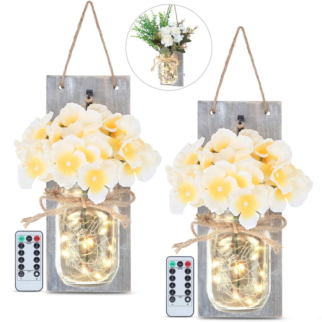 GLAMOURIC 2 Pack Mason Jar Sconces with 20 LEDs Fairy String Lights, Wrought Iron Hooks, 8 Keys Remote Controler, 14 Levels Brightness, Hydrangea&Peony Flowers with LED Design for Home Decoration
