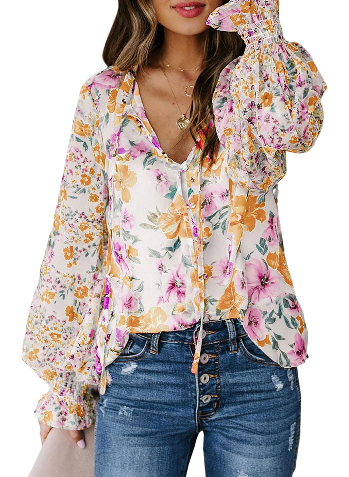 Women's Casual Boho Floral Print V Neck Long Sleeve Drawstring Tops Loose Blouses Button Down Shirts