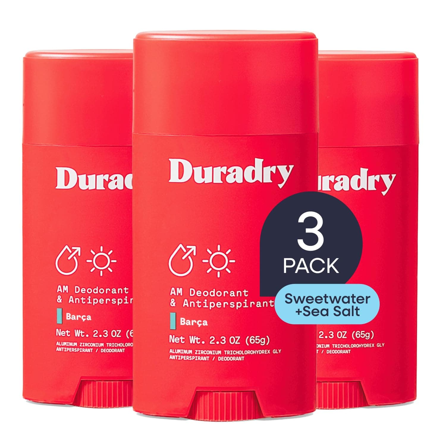 Duradry Clinical-Strength Antiperspirant Deodorant for Women and Men - Clean formula with Natural Ingredients, Odor, and Excessive Sweat protection for Armpits - Barca (Sweetwater+sea salt),3-pack