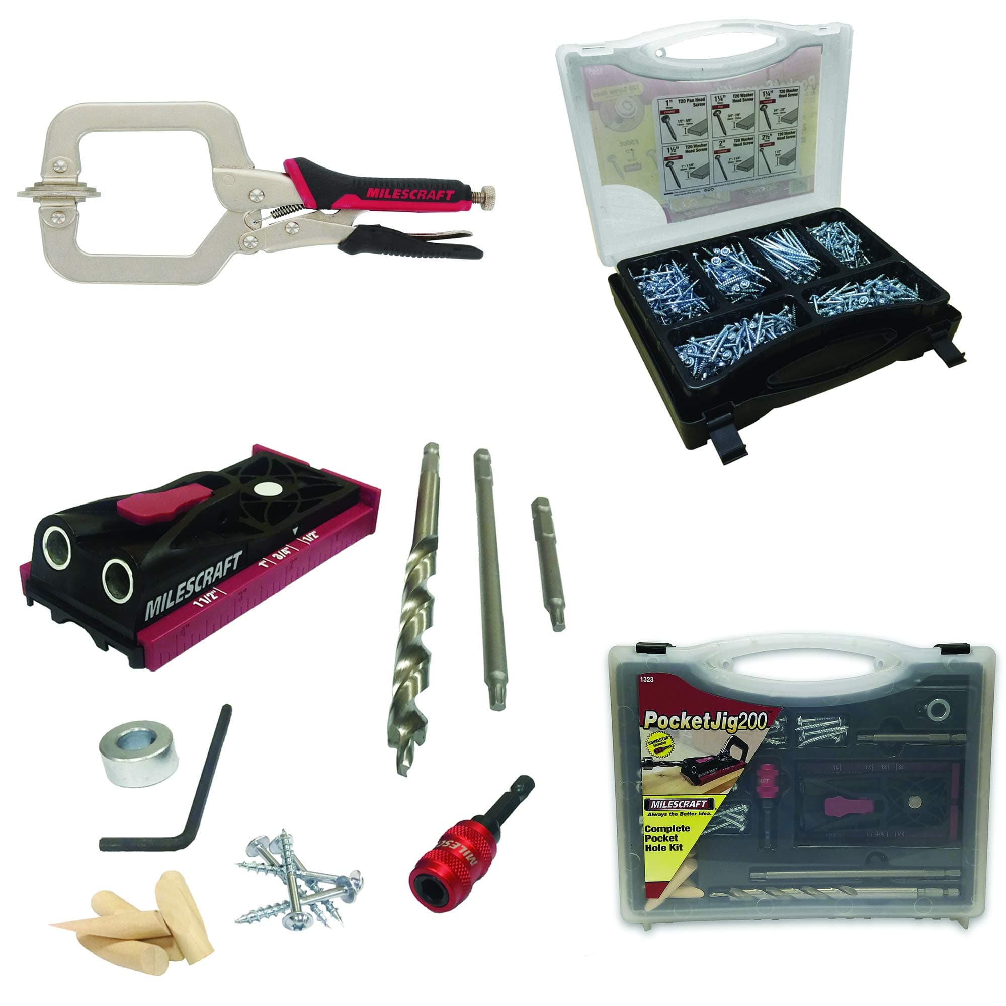 Milescraft Complete Pocket Hole Bundle - PocketJig200, Pocket Screw Kit and Face Clamp