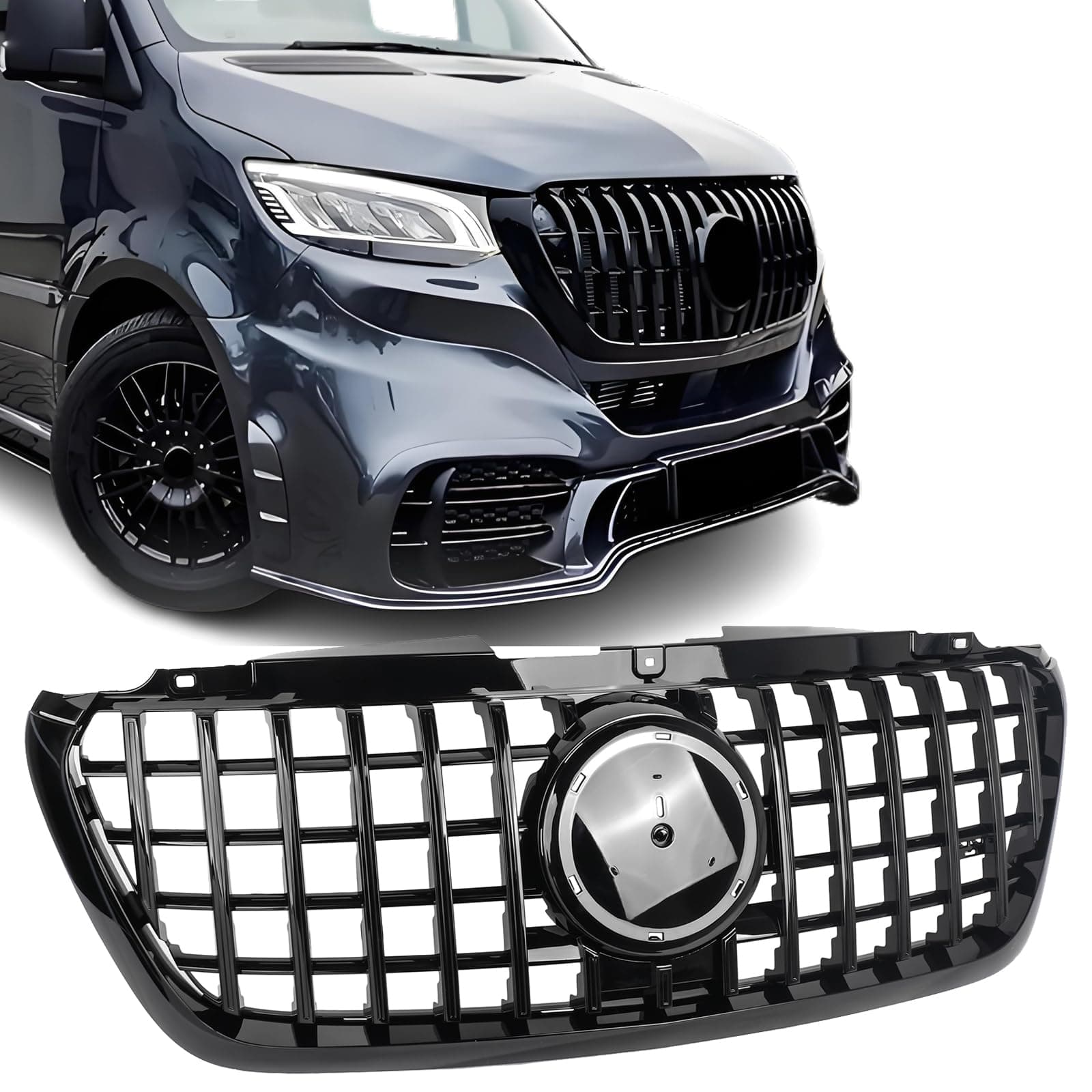 Front Grill Bumper Grille for 2019 2020 2021 2022 2023 2024 2025 Mercedes Benz Sprinter Van 1500 2500 3500 W907 907 W910 910, GTR Panamerica Style Gloss Black