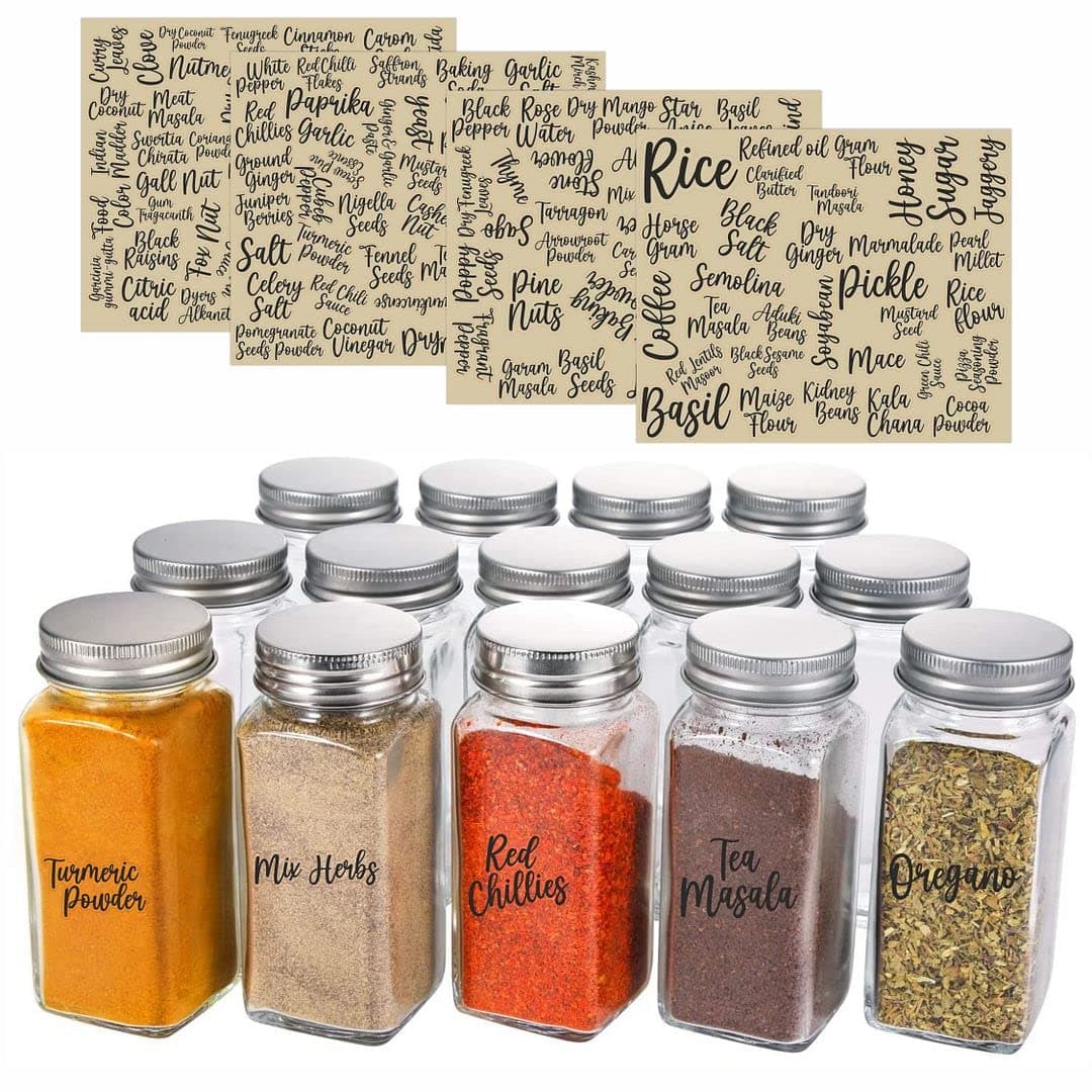 CVANU 130Pcs Spice Printed Label Jar Sticker All Name In Black Color On Clear Self-Adhesive Vinyl Ingredient Labels For Kitchen Containers, 130 Labels
