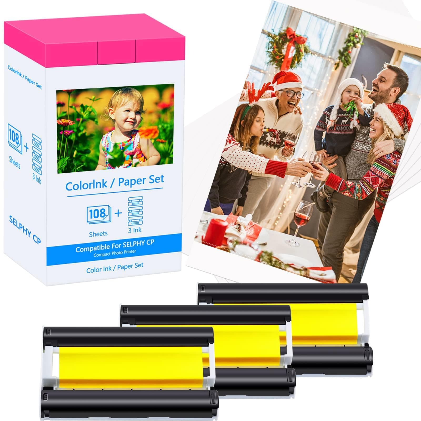 Compatible for Canon Selphy CP1500 CP1300 Ink and Paper Set KP-108IN KP108 3 Color Ink Cartridge and 108 Sheets 4x6 Photo Paper for Selphy CP1200 CP910 CP740 Compact Photo Printers