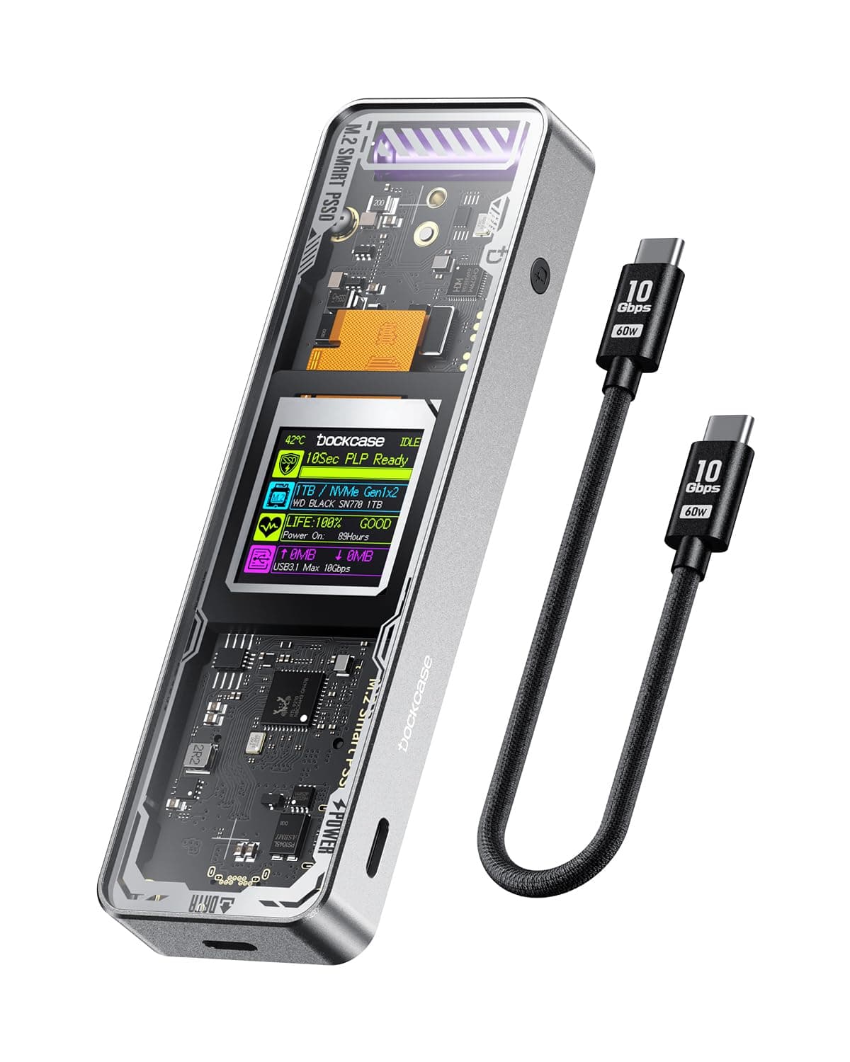 DockCase Explorer Edition M.2 NVMe SSD Enclosure,Support 10s PLP Prevents Write Data Loss,USB 3.2 Gen 2 Type-C (10 Gbps), fits NVMe PCIe,Size 2230/2242/2260/2280,Support M-Key B+M Key UASP