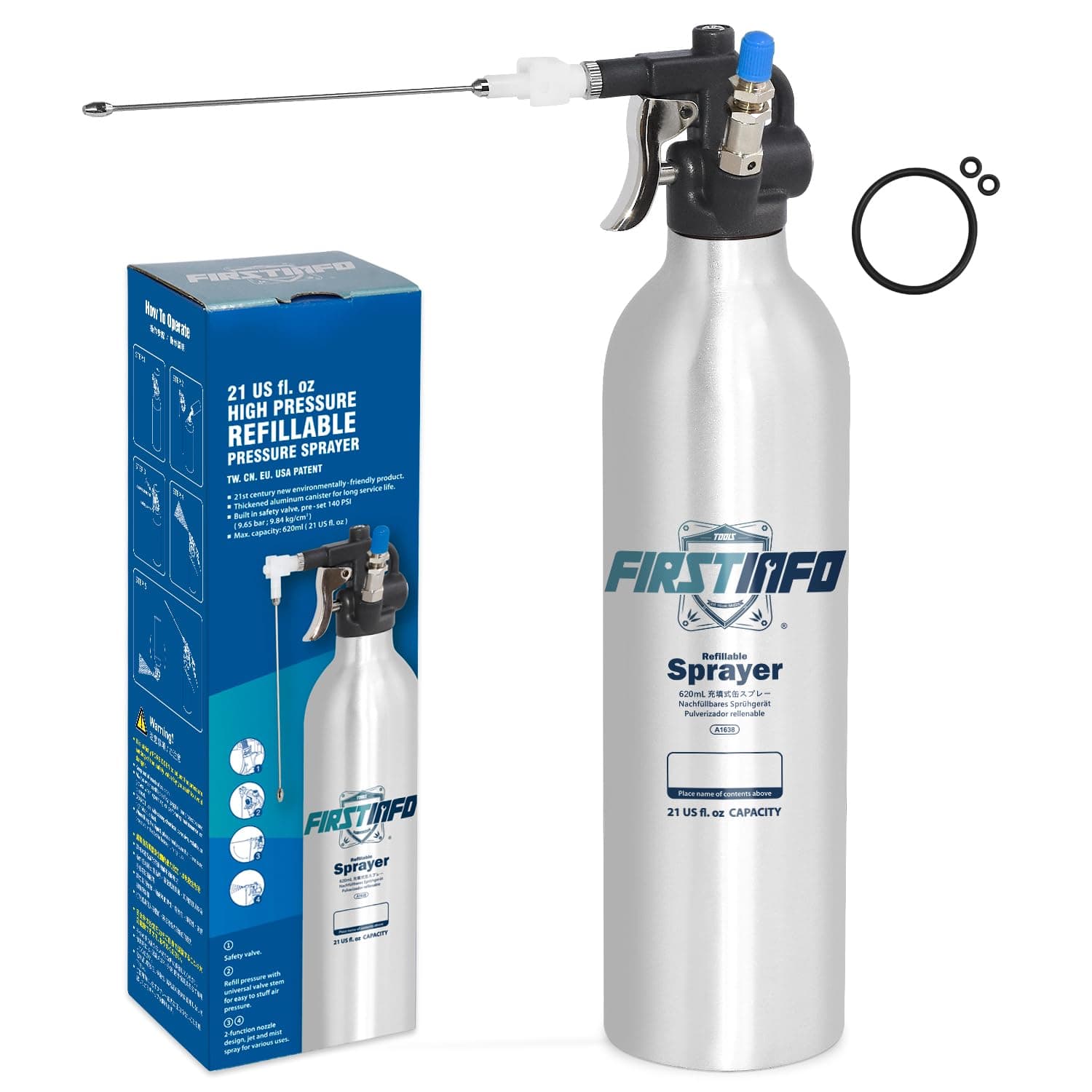 良匠 FIRSTINFO TOOLS 高圧用詰替式スプレー缶 620ml アルミ製 逆さ使用可 充填式 引金式 缶スプレー リフィーラー 2wayノズル付き