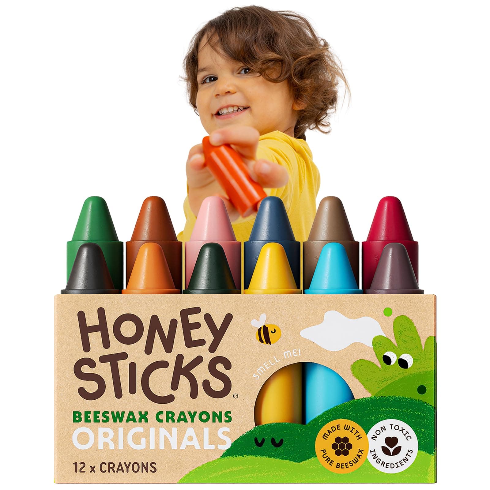 Honeysticks 100% Pure Beeswax Crayons (12 Pack) - Non Toxic Crayons for Toddlers 1-3, Safe for Baby from 1 Year Old Plus, Handmade with Natural Beeswax and Food-Grade Colors, Eco Friendly