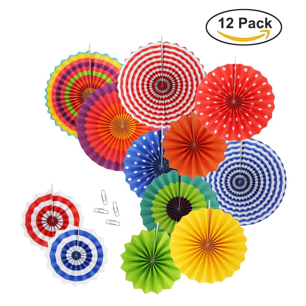 Zilong 12 Pack Hanging Paper Fan Decorations Foldable Colorful Paper Fan Flower with Paperclips For Festival Party Wedding Home Decor and Shop Window Classroom Decorations Display