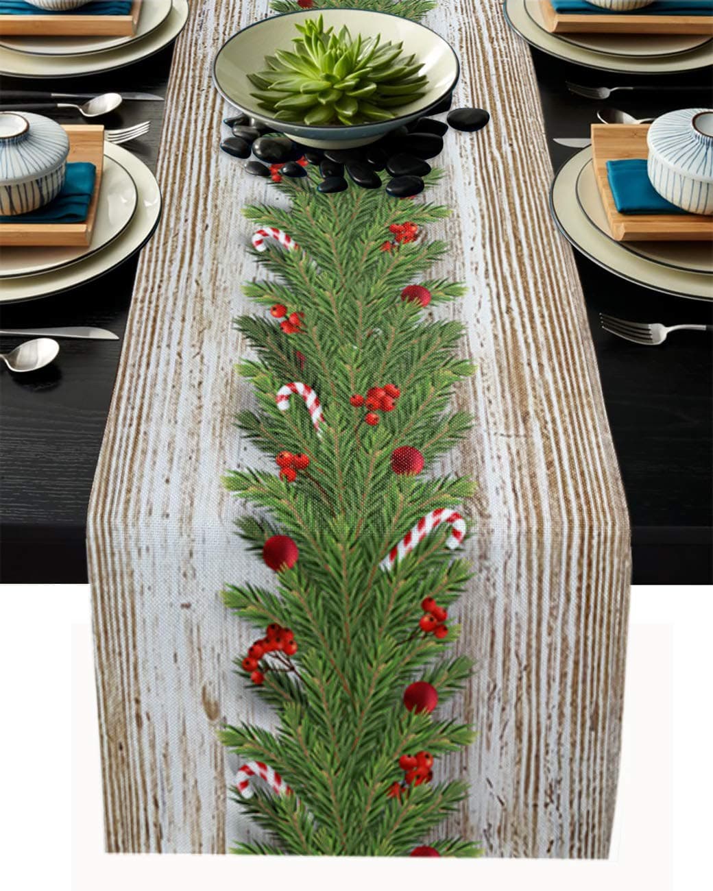 Linen Burlap Table Runner Merry Christmas Dresser Scarf Table Decorations for Everyday Use, 13x90 Inch Table Runners for Dinner Parties & Events, Xmas Tree Rustic Wooden Plank