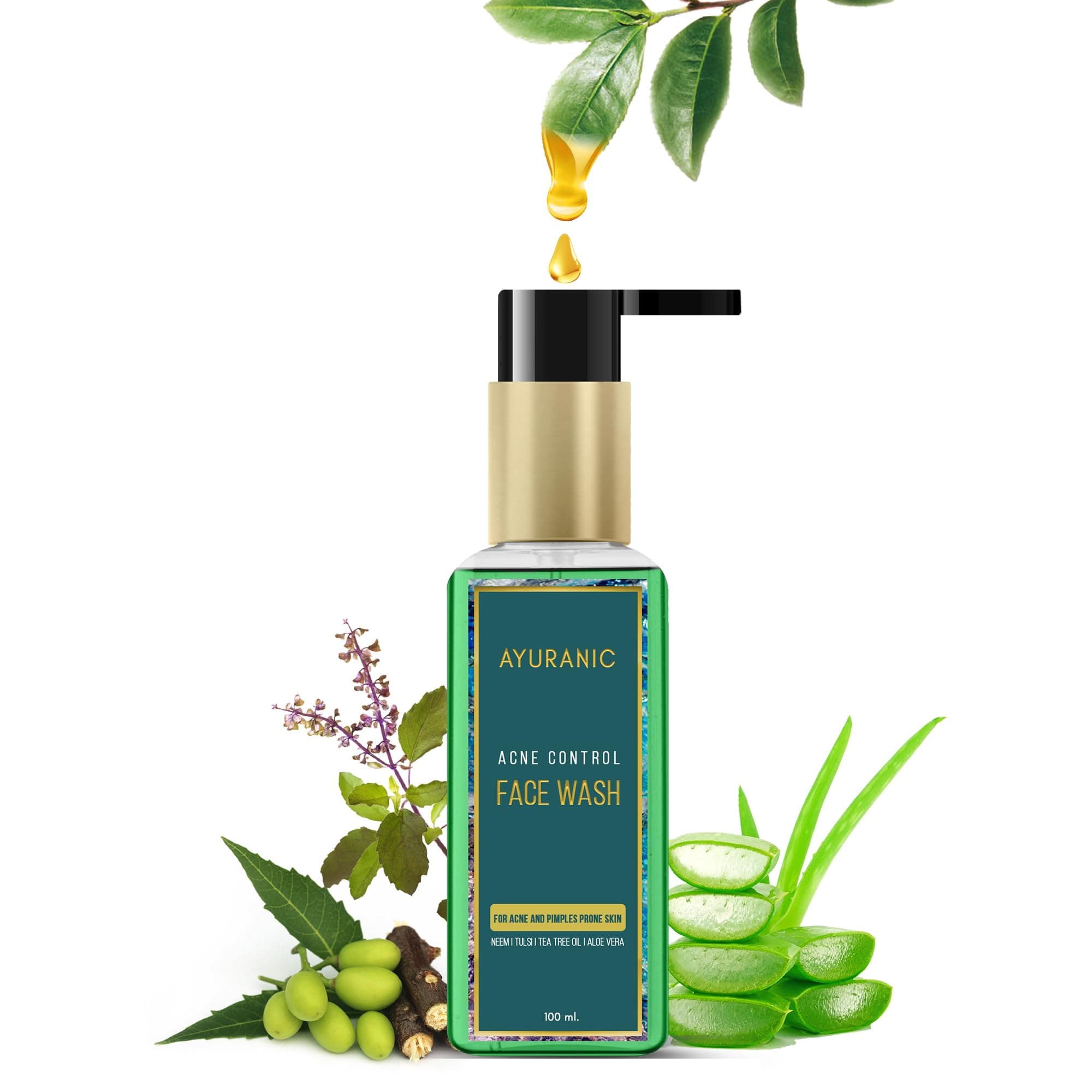 Ayuranic Acne Control Herbal Face Wash for Oil Control & Pimples | Ayurvedic Cleanser with Neem, Tulsi, Tea Tree Oil & Aloe Vera | For Normal to Oily Skin | Men & Women | 11 Natural Herbs (100ml)
