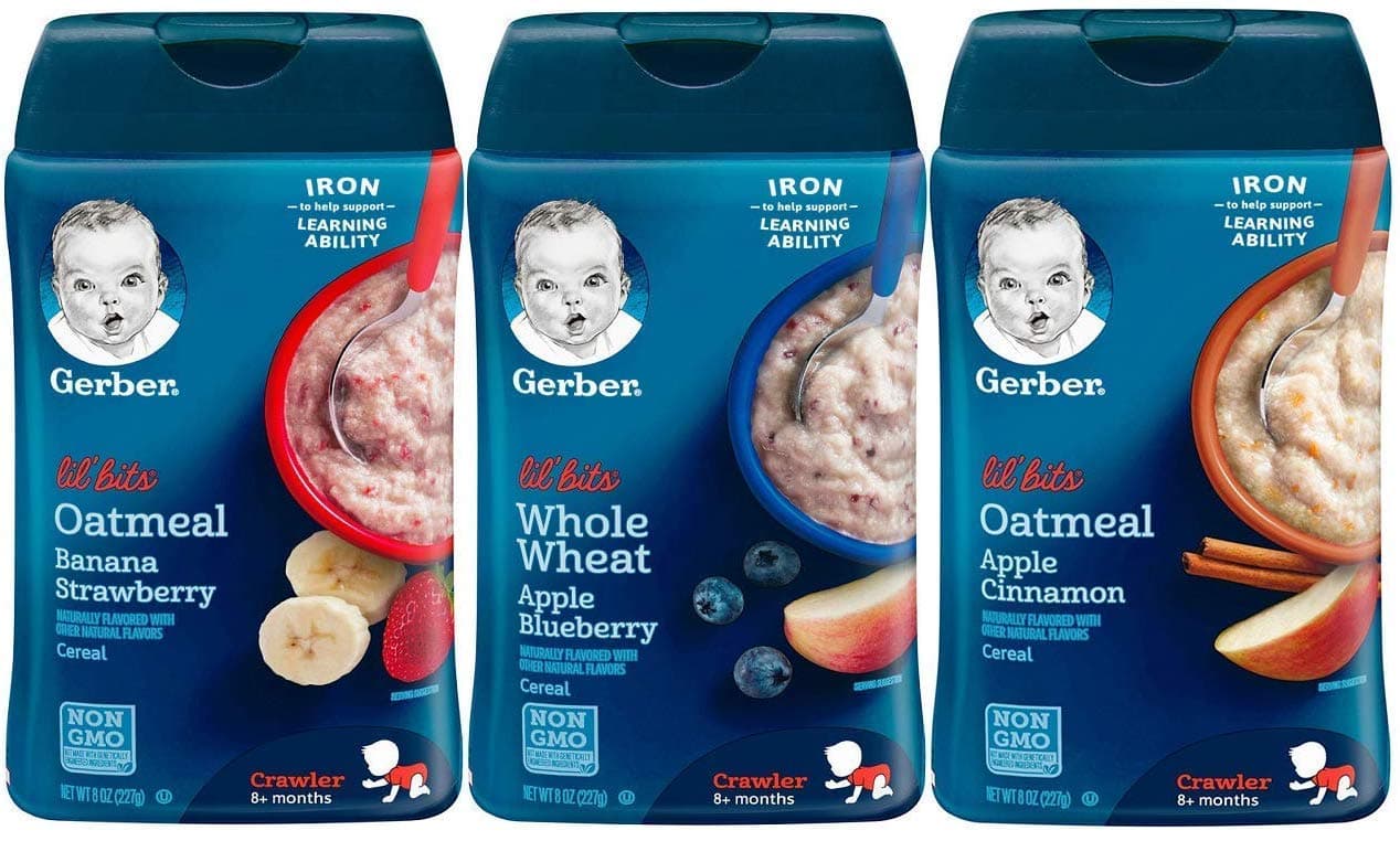 Gerber Lil' Bits Baby Cereal 3 Flavor Variety Bundle: Lil' Bits Oatmeal Banana Strawberry, Lil' Bits Whole Wheat Cereal Apple Blueberry, Lil' Bits Oatmeal Apple Cinnamon Cereal, 8 Oz, 3 Boxes