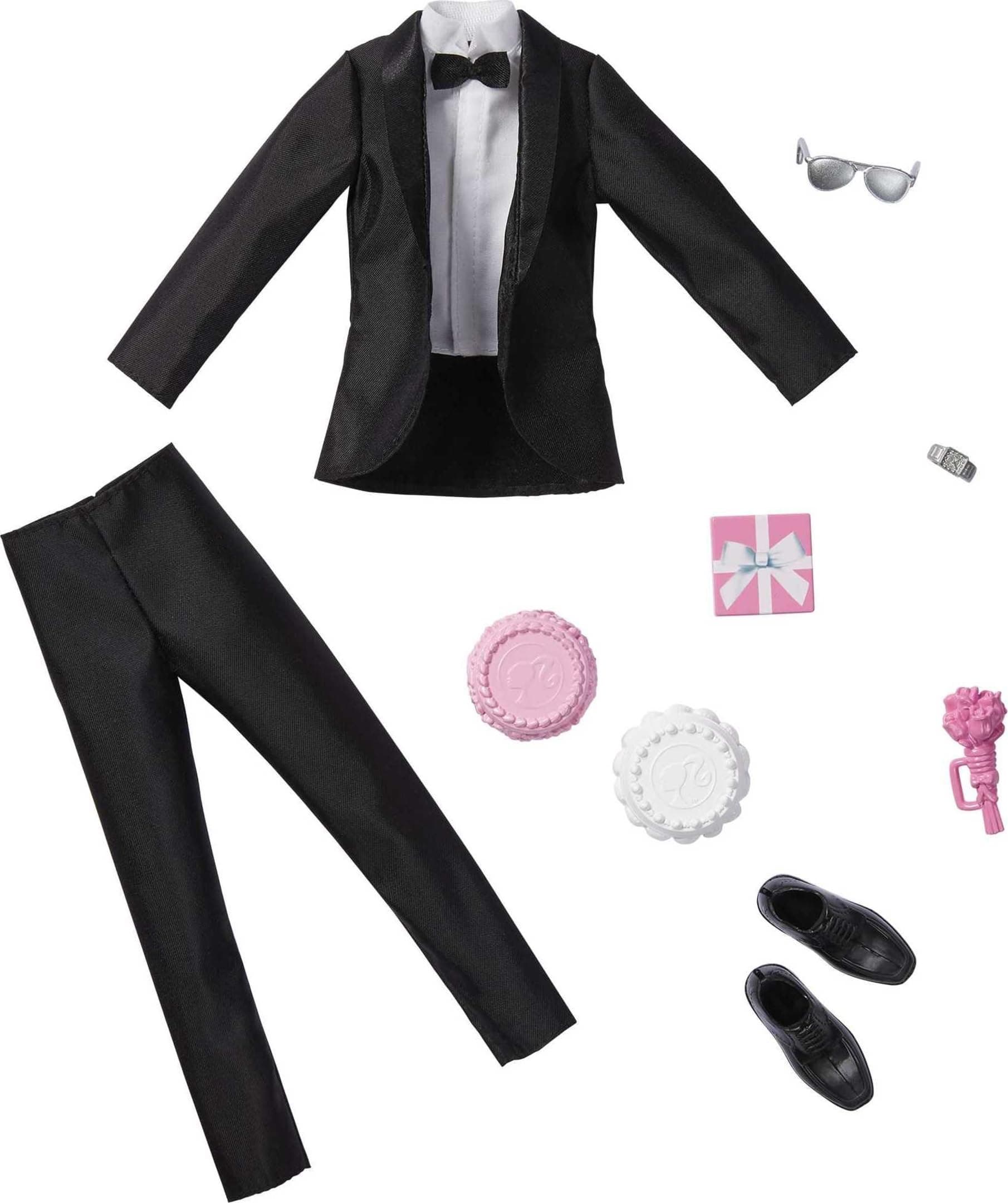 Fashion & Accessories Pack, Bridal Set with Groom Outfit for Ken Doll with Tuxedo, Shoes, Watch, Wedding Cake with Tray & Bouquet