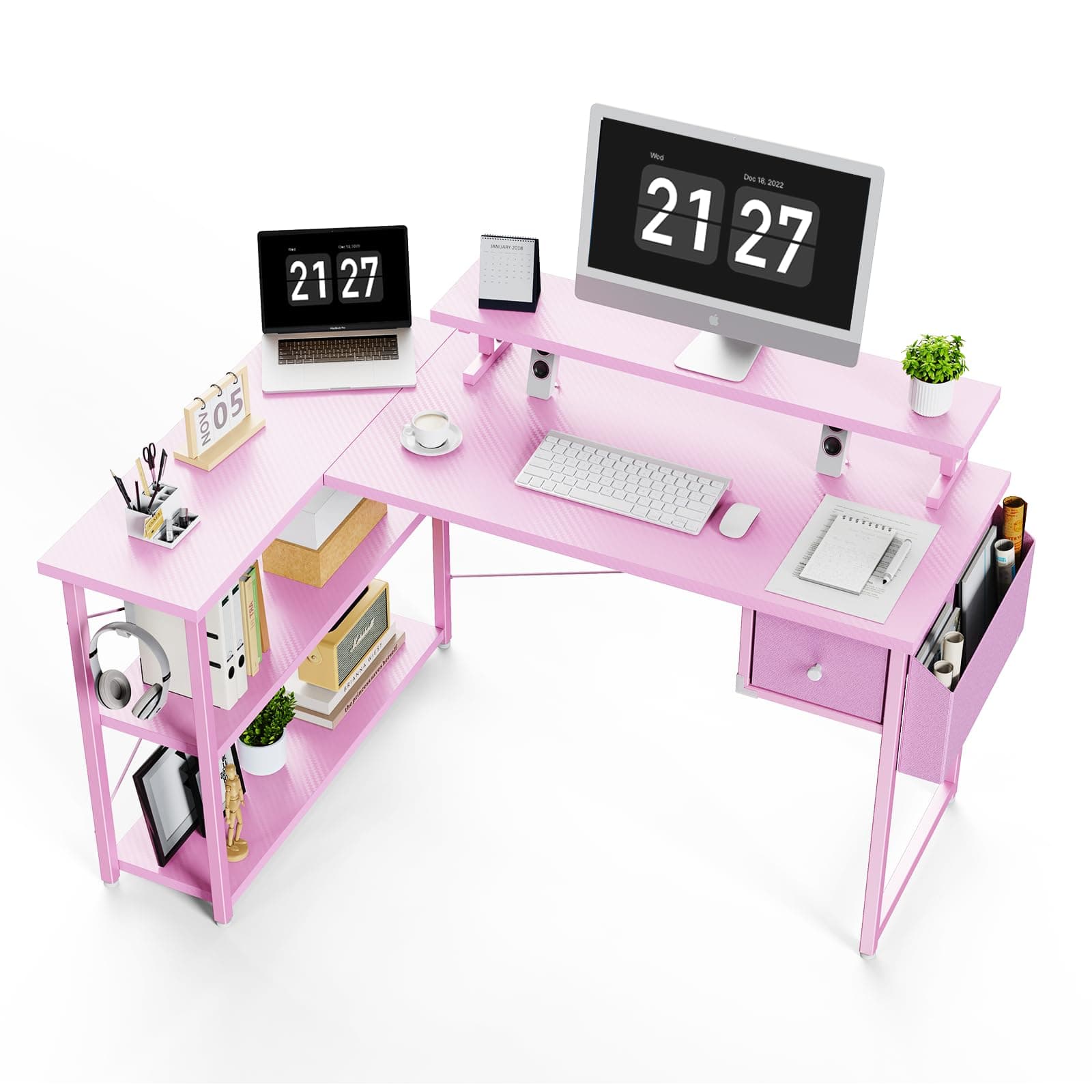 47 inch L Shaped Gaming Desk, Computer Desk with LED Lights & Adjustable Stand, Power Outlets, Storage Drawer, Reversible Desk with Shelves, Hook, Carbon Fiber Pink