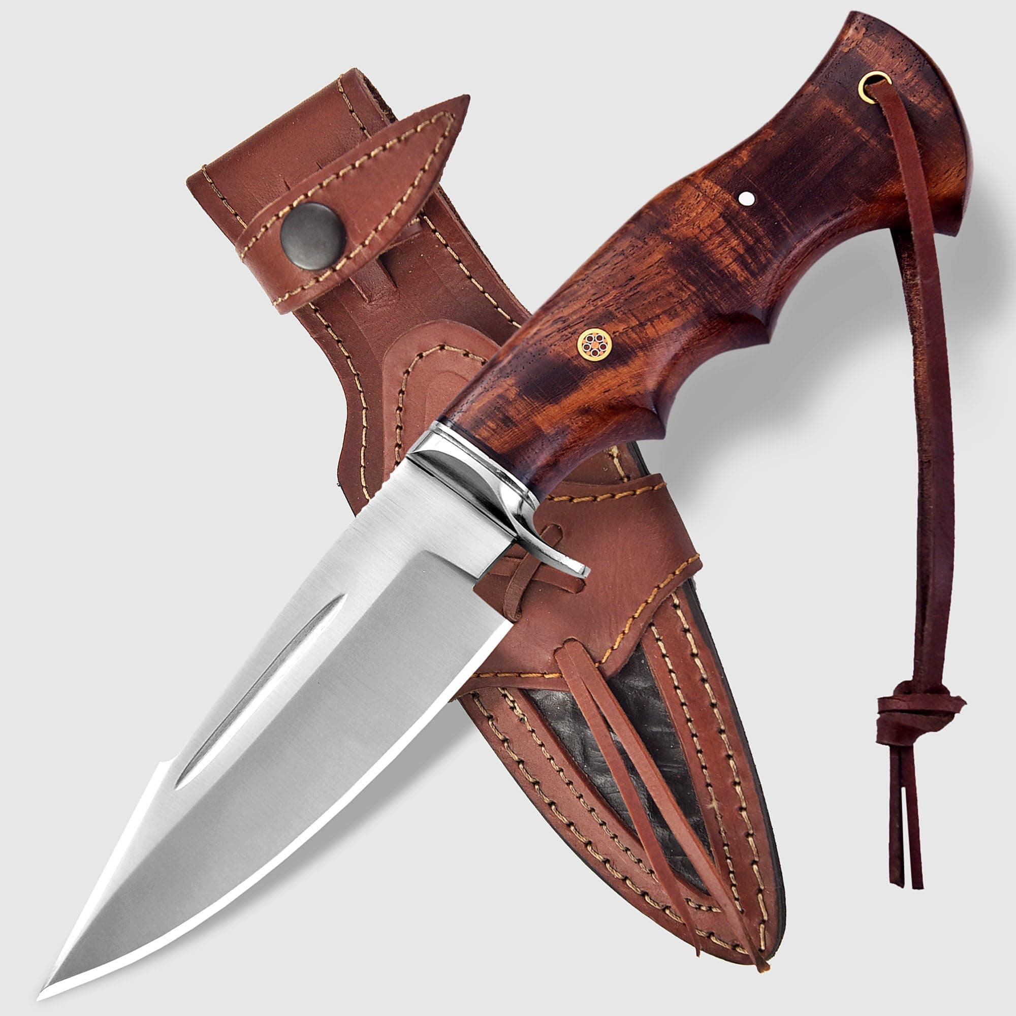 Handmade Hunting Knife - 10" Bushcraft Fixed Blade EDC Knife with D2 Steel Blade, Walnut Wood Handle, Leather Sheath