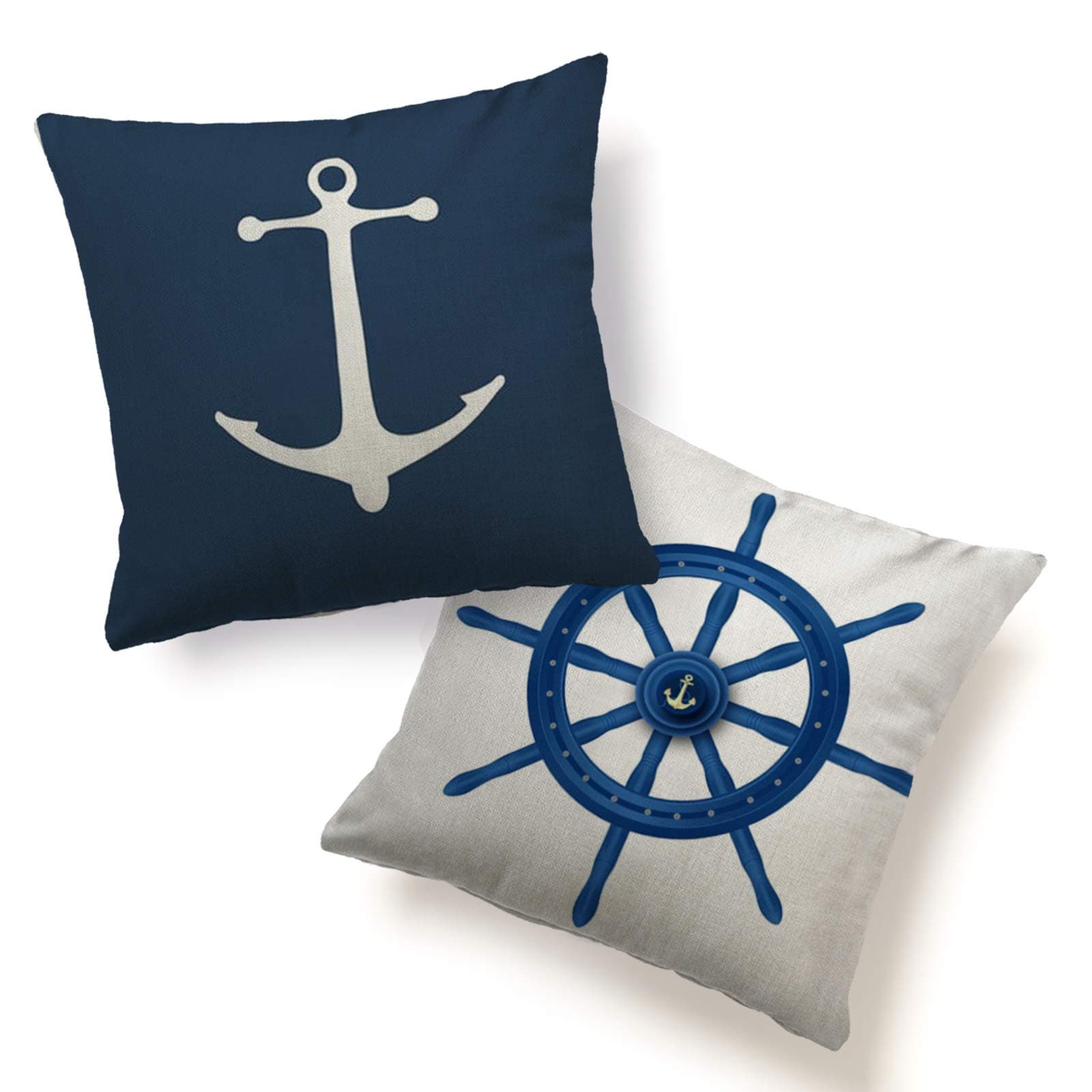 XXXFLOWER Anchor Pillow Cover Cushion Case 2 Pack Nautical Throw Pillows Home Decorative Anchor Helm Navy Throw Pillowcases 18"x18" Square for Sofa Couch Chair Home Décor Blue White