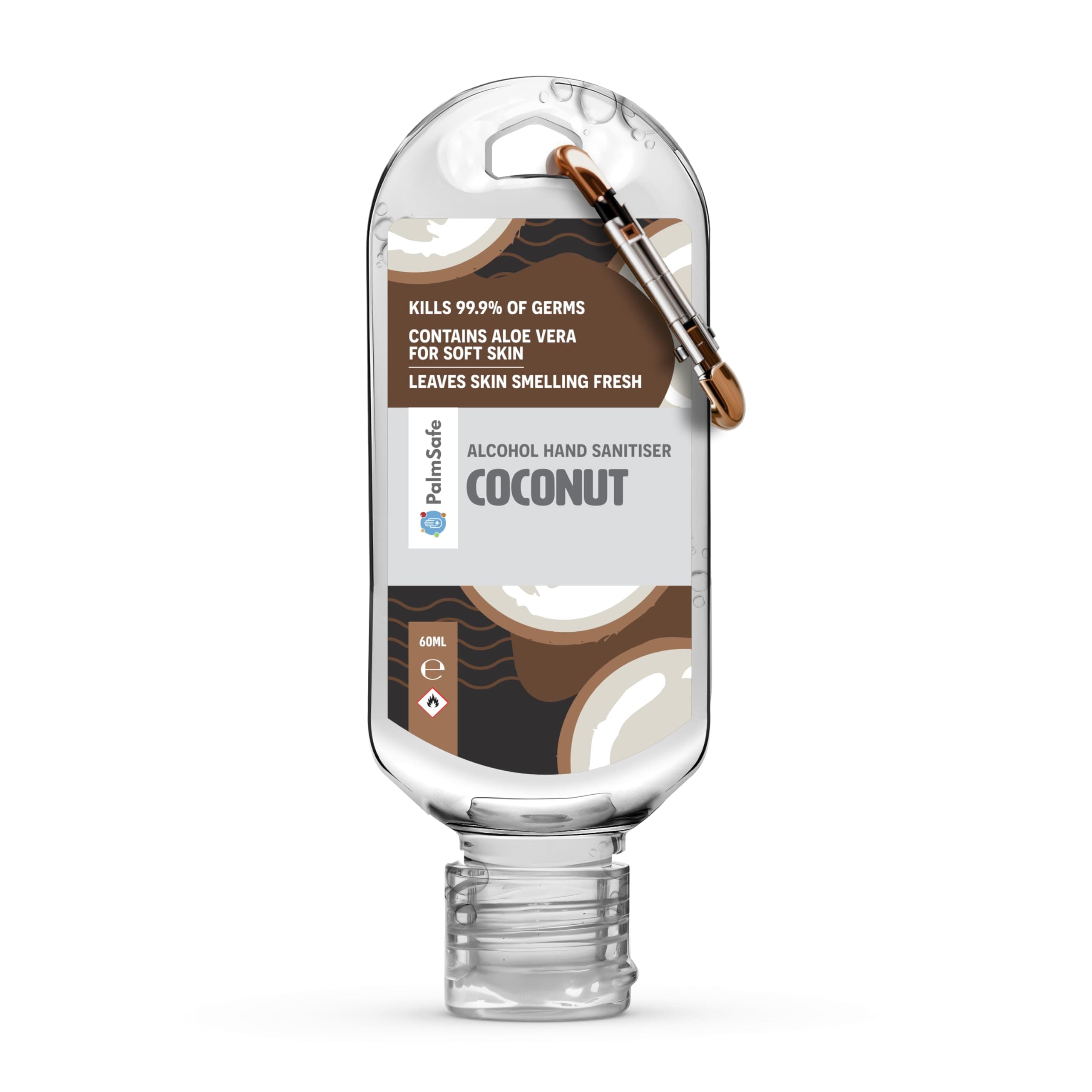 Palm Safe Coconut 60ml Anti Bacterial Premium Hand Sanitiser Travel Size Refillable Clip Bottle Quick Drying Non Sticky Extra Moisturising Kills 99.9% of Viruses and Bacteria