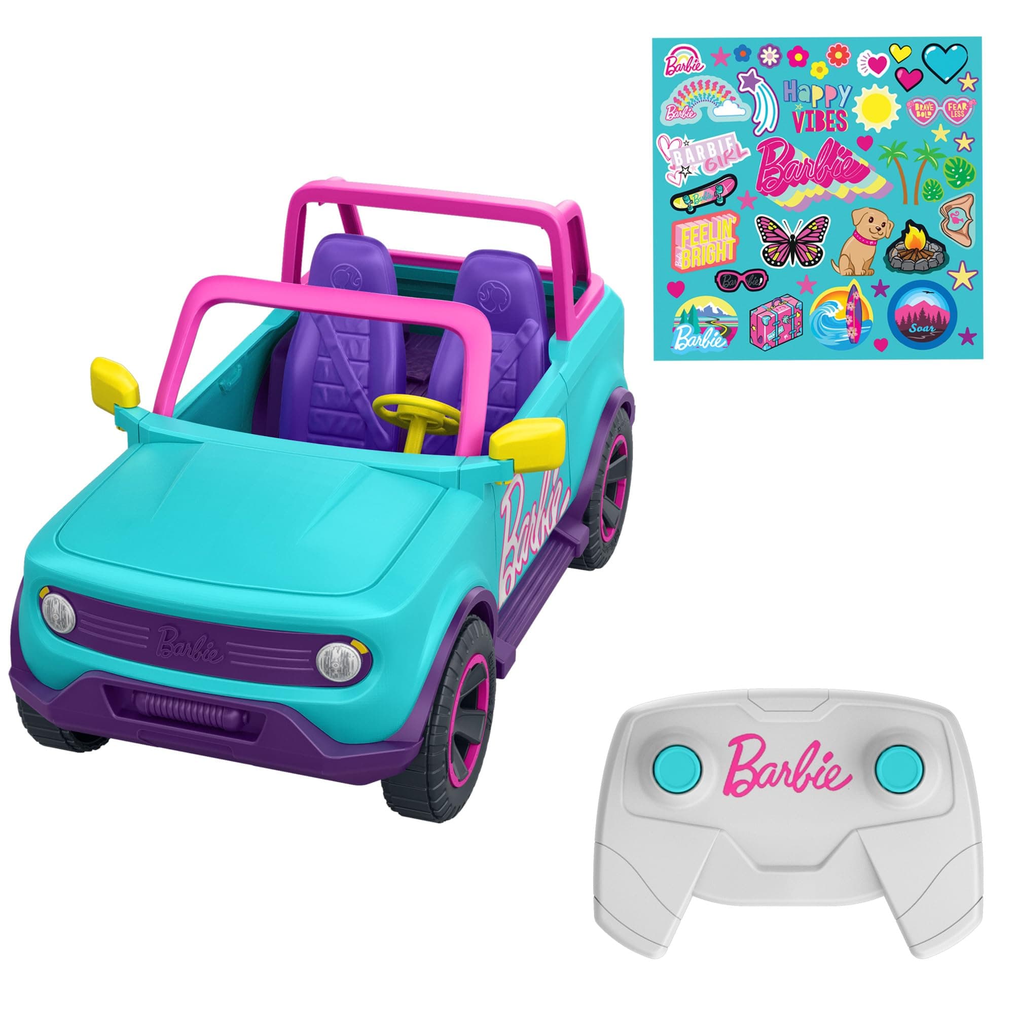 Hot Wheels Barbie Remote Control Car, SUV & Stickers, Can Hold & Store 2 Barbie Dolls & Accessories, Kid-Applied Stickers for Customization, HTP53