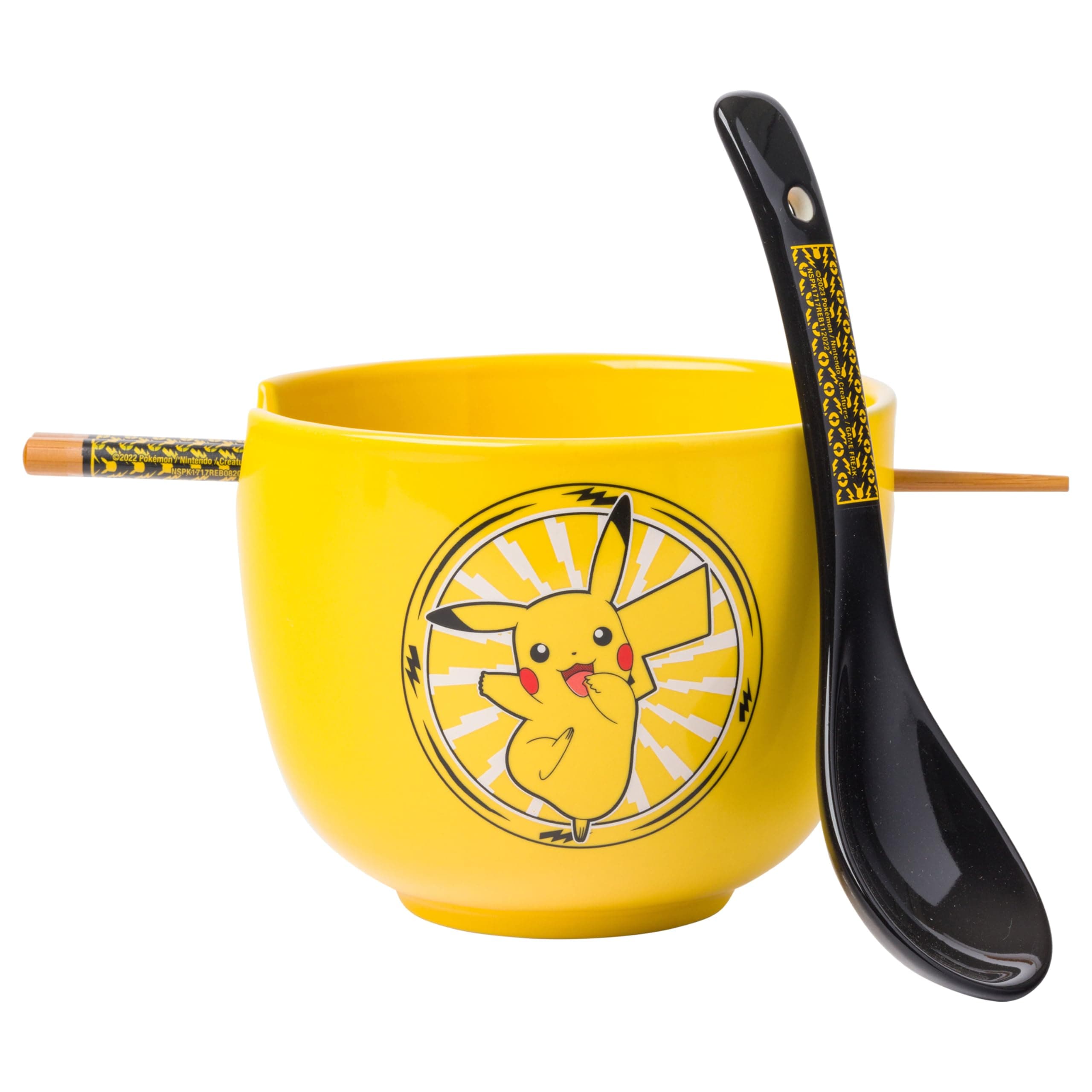 Pokemon Pikachu Electric Ceramic Ramen Noodle Rice Bowl with Chopsticks and Spoon, Microwave Safe, 20 Ounces