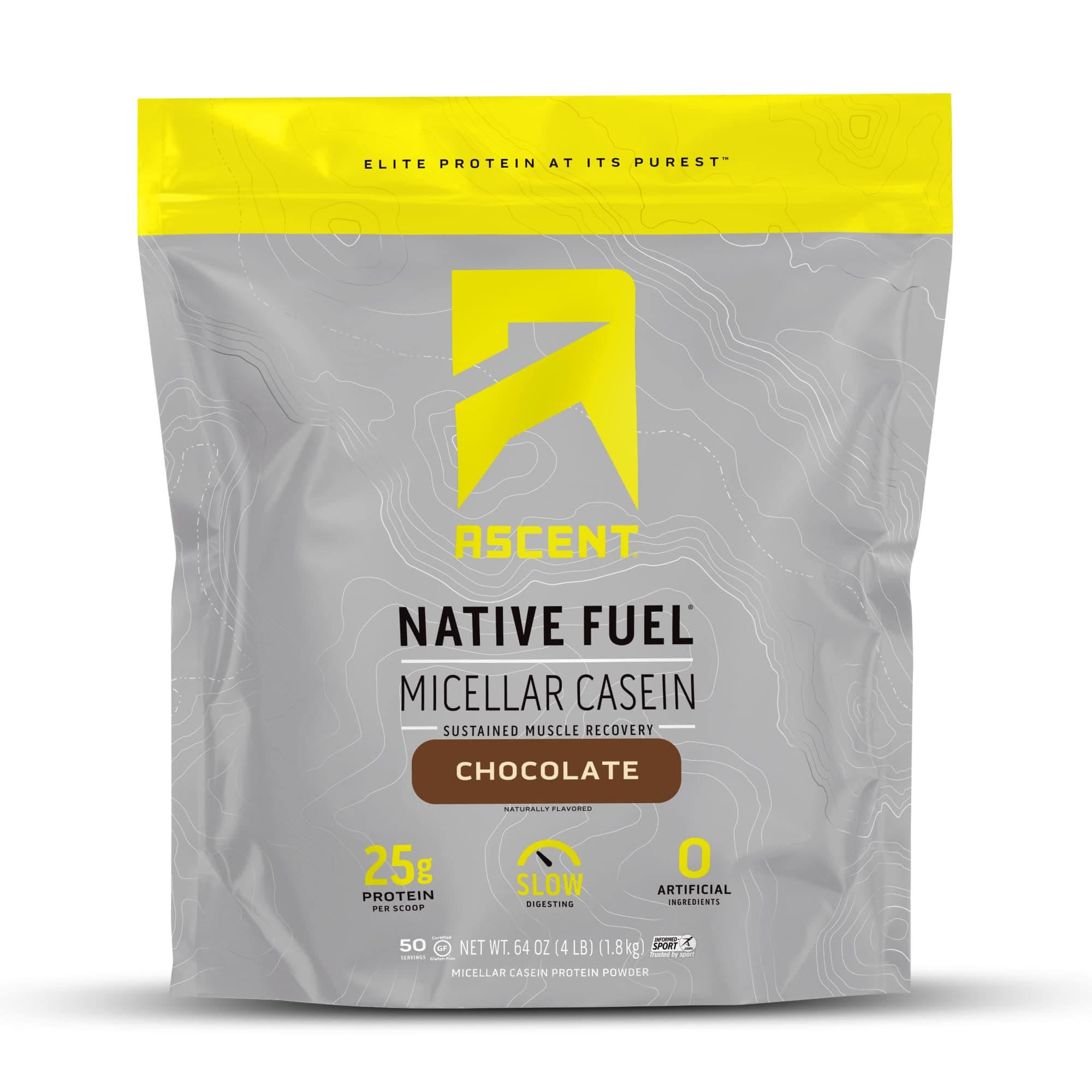 Ascent Native Fuel Casein Protein Powder - 25g Micellar Casein with Zero Artificial Ingredients, Soy & Gluten-Free, No Added Sugar, 4.9g BCAA, 2.2g Leucine - Chocolate, 4 Pounds