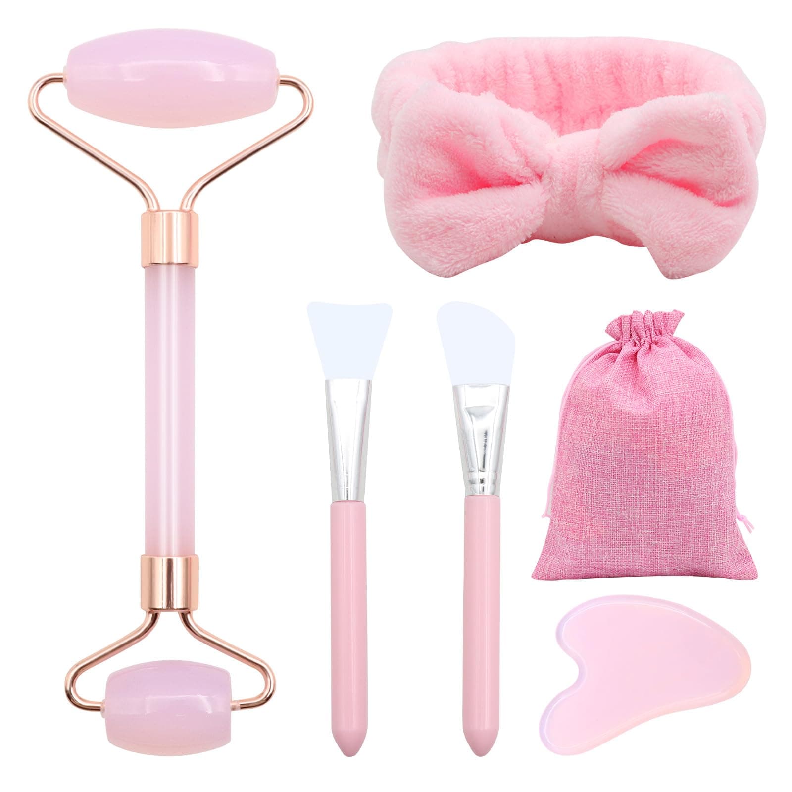 VEGCOORose Quartz Roller Gua Sha Kits, Jade Roller Face and Guasha Stone, Massage for Face Neck Body Muscles