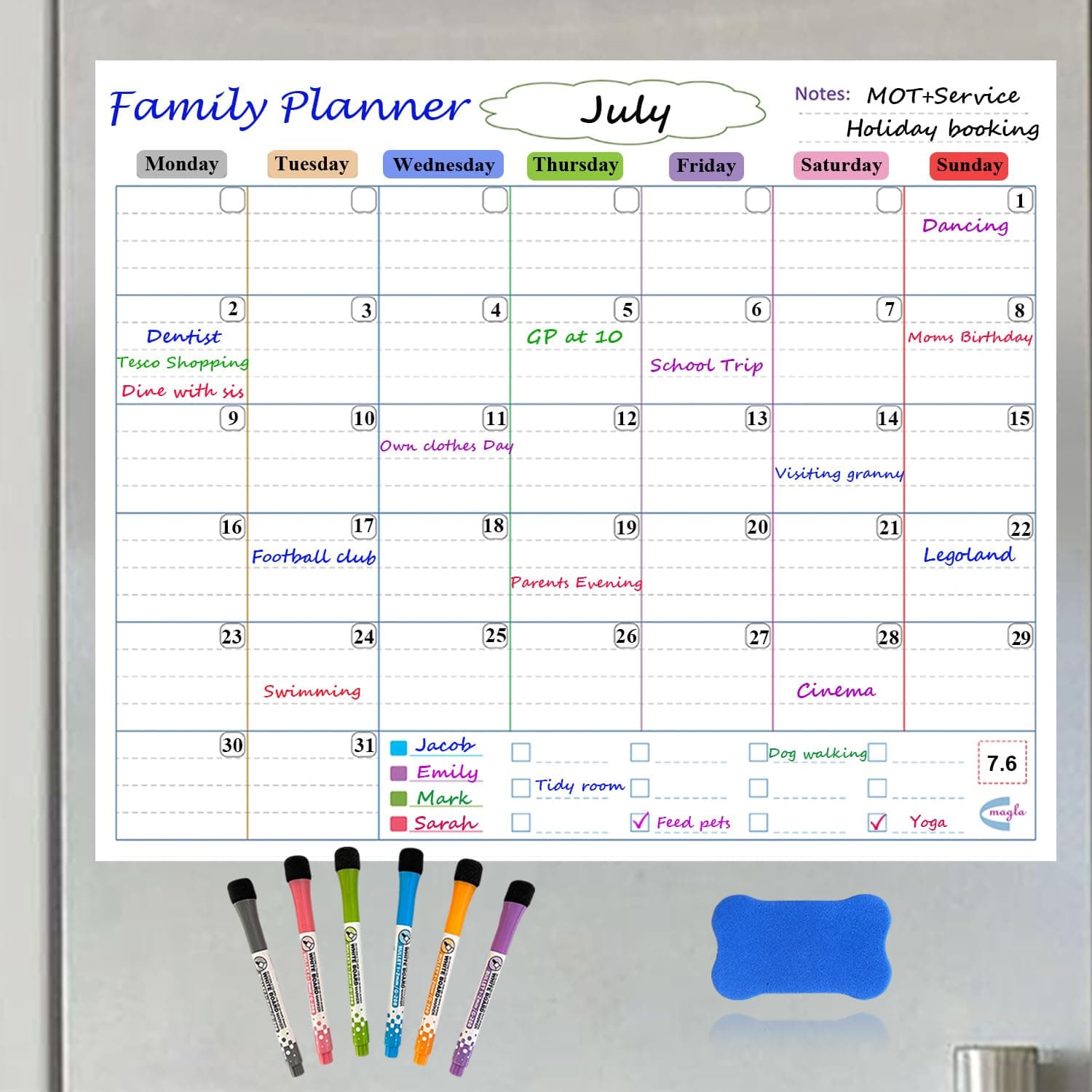 Large Monthly Planner Whiteboard starts from Monday, 6 lines for all dates with Weekly and Daily functions by Magla. Dry Erase Calendar 50.5x42cm, Magnetic White board Family Calendar 2025
