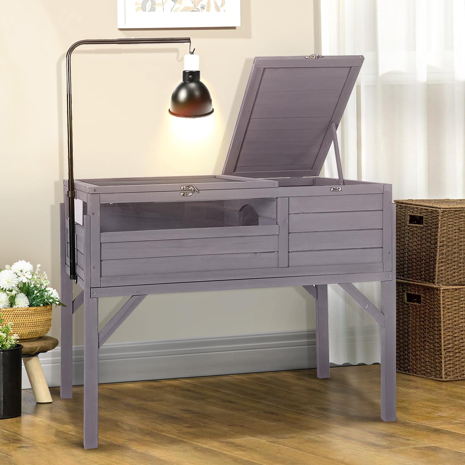 Tortoise Habitat Wooden Tortoise House with Lamp Holder Indoor Outdoor Reptile Enclosure for Turtle Lizard, Detachable Legs