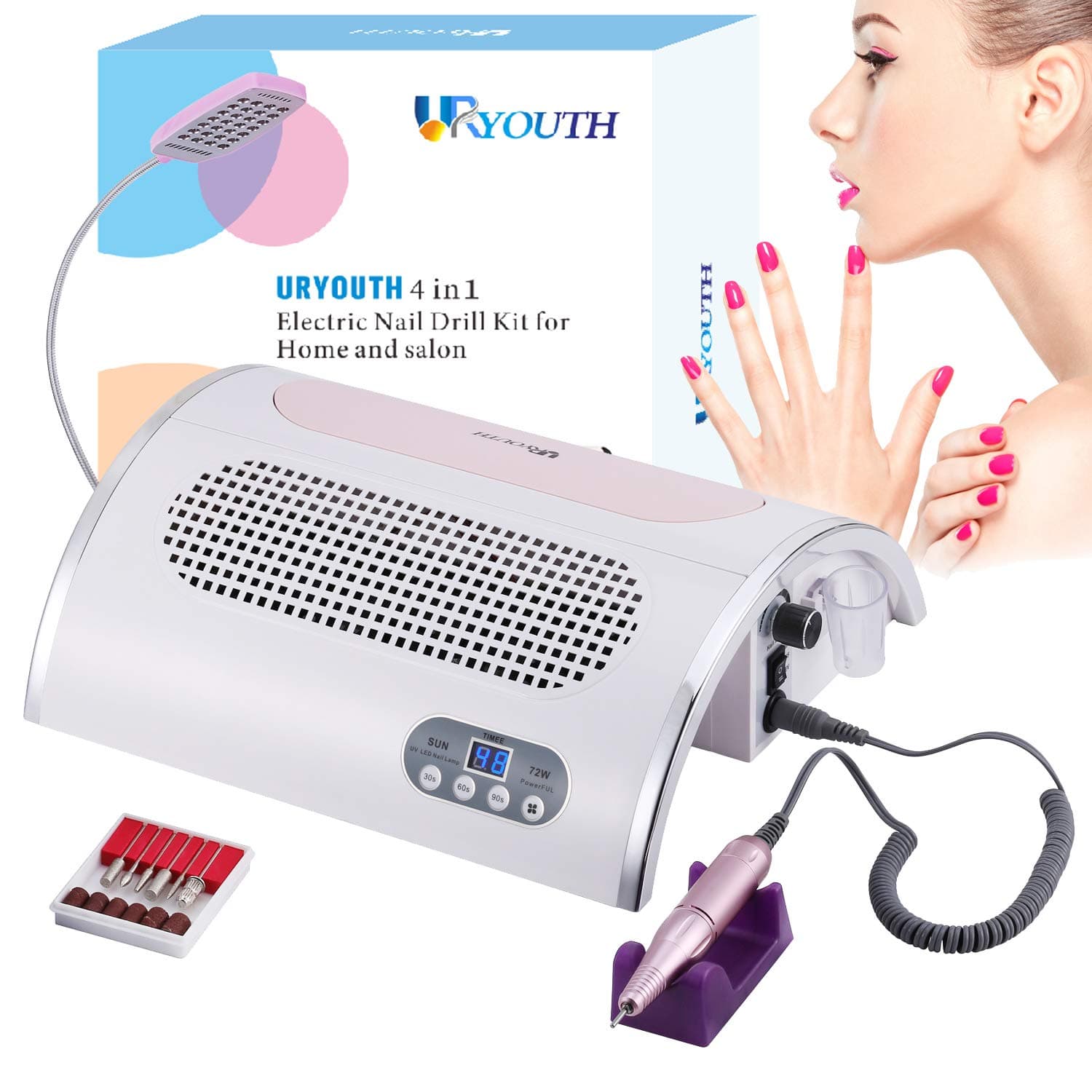 URYOUTH 4 IN 1 Nail File Drill & Nail Dust Collector & 54W UV Gel Nail Dryer Lamp Timer 30s 60s 90s & LED Desk Lamp, Salon Expert Nail Machine Multifunctional Nail Art Equipment Manicure Tool Kits