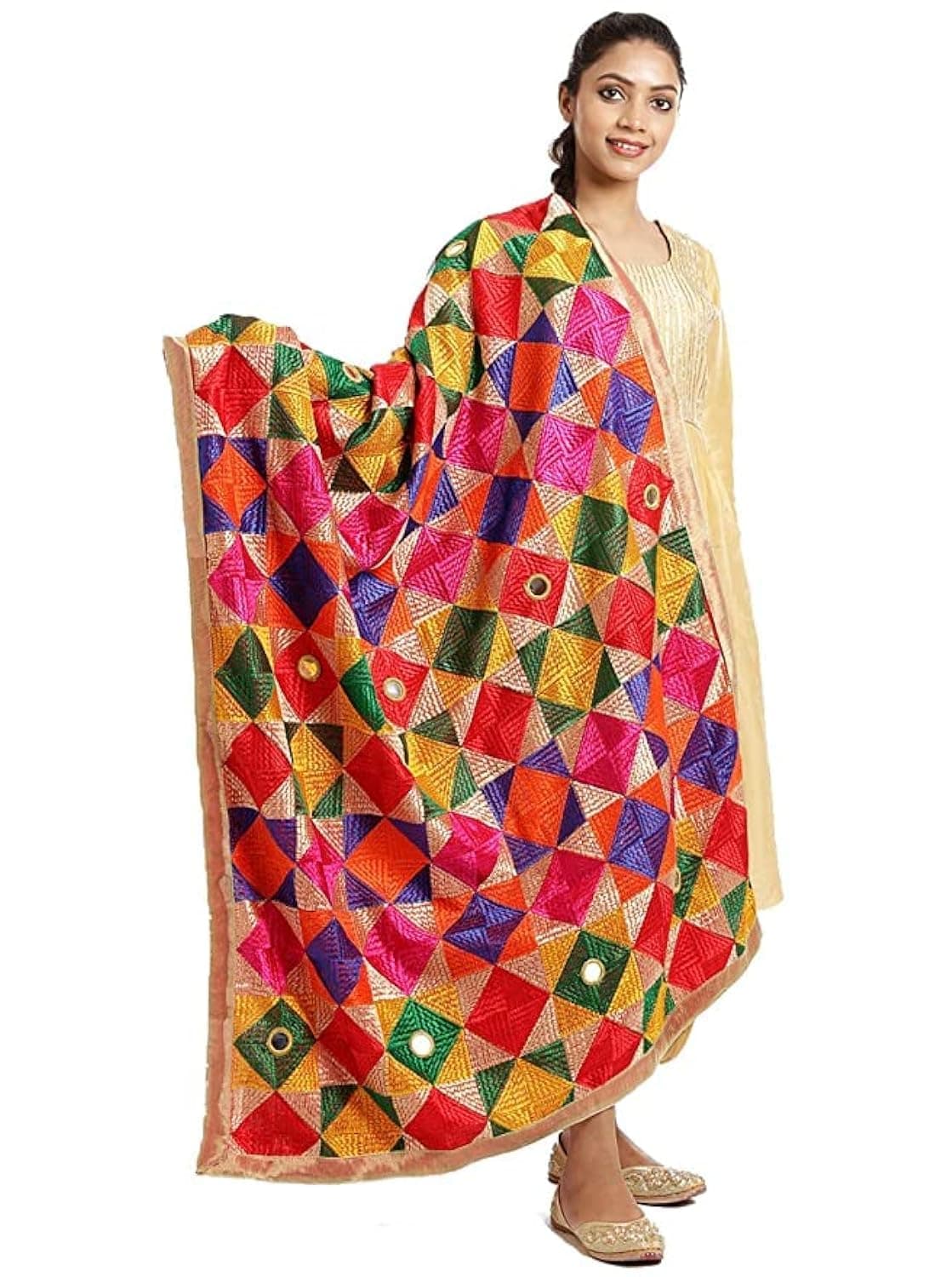 The Home Factory Women's Chiffon Phulkari Dupatta with Mirror Work (Fancy_Multicolour_Fulkari_Chunni_Free_Size_THF221)
