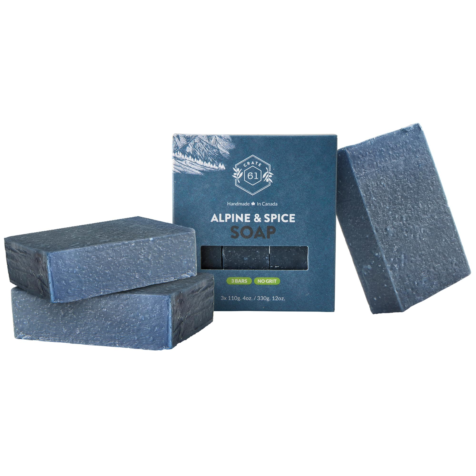 Crate 61 Organics Alps & Spice Soap, 3 Pack, 100% Vegan, Cold Process, Scented with High Quality Essential Oils, For Men and Women, Face & Body, ISO9001 Certified Maker, 3 x 113 grams (4 oz) per Solid Soap, Total 39g (12 oz)