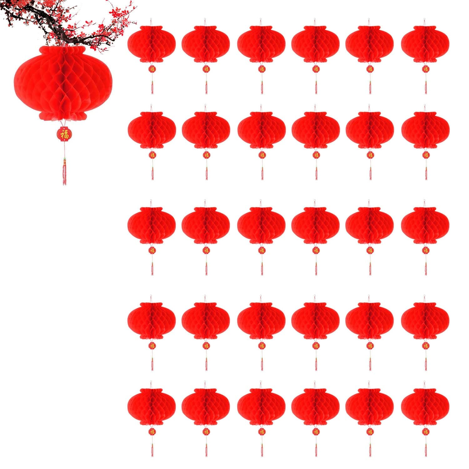 30 Pieces Red Chinese Lanterns, 10 Inches Chinese Lunar New Year Festival Decorations for New Year, Spring Festival, Wedding Decoration