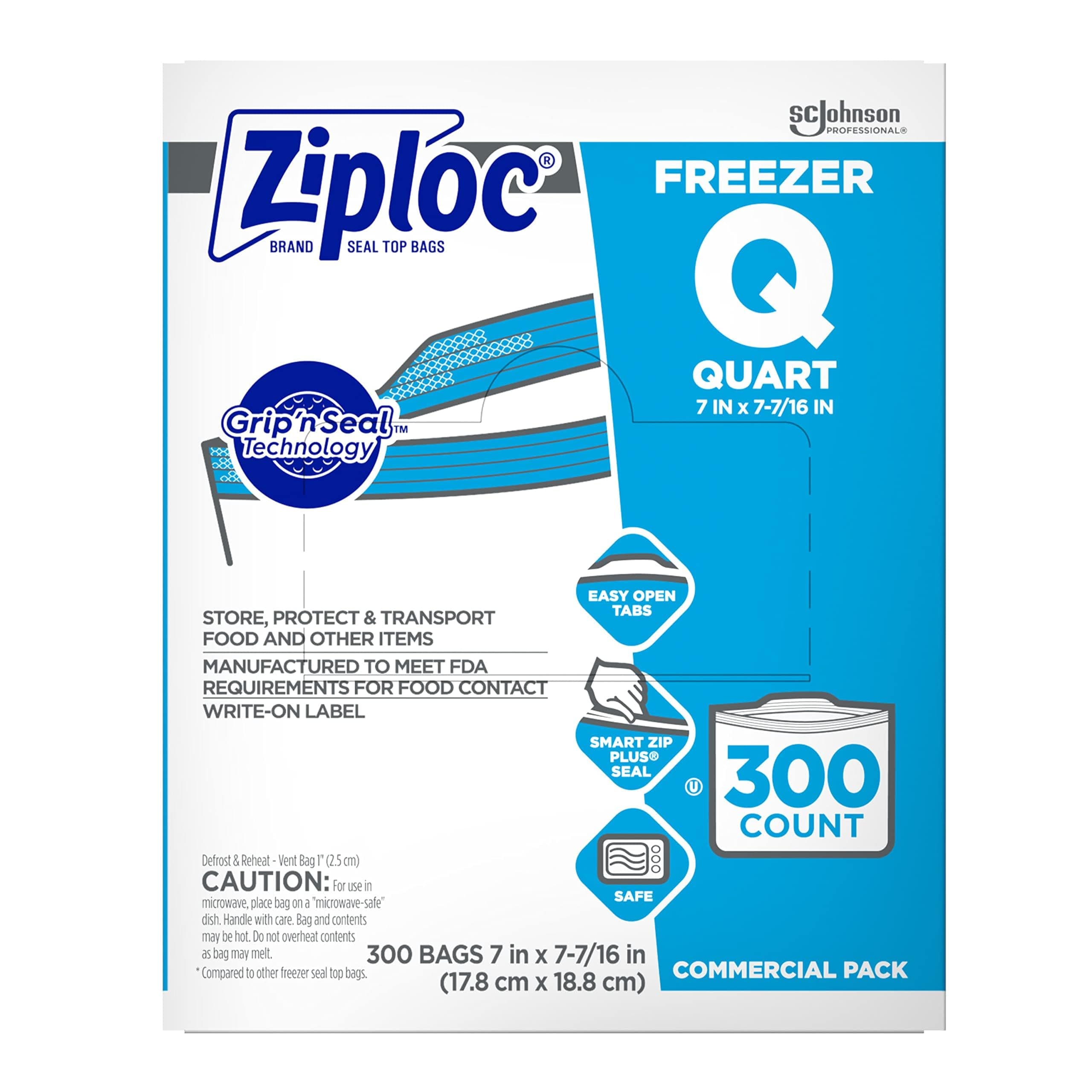 SC Johnson Professional Ziploc Quart Food Storage Freezer Bags, Grip 'n Seal Technology for Easier Grip, Open, and Close, 300 Count