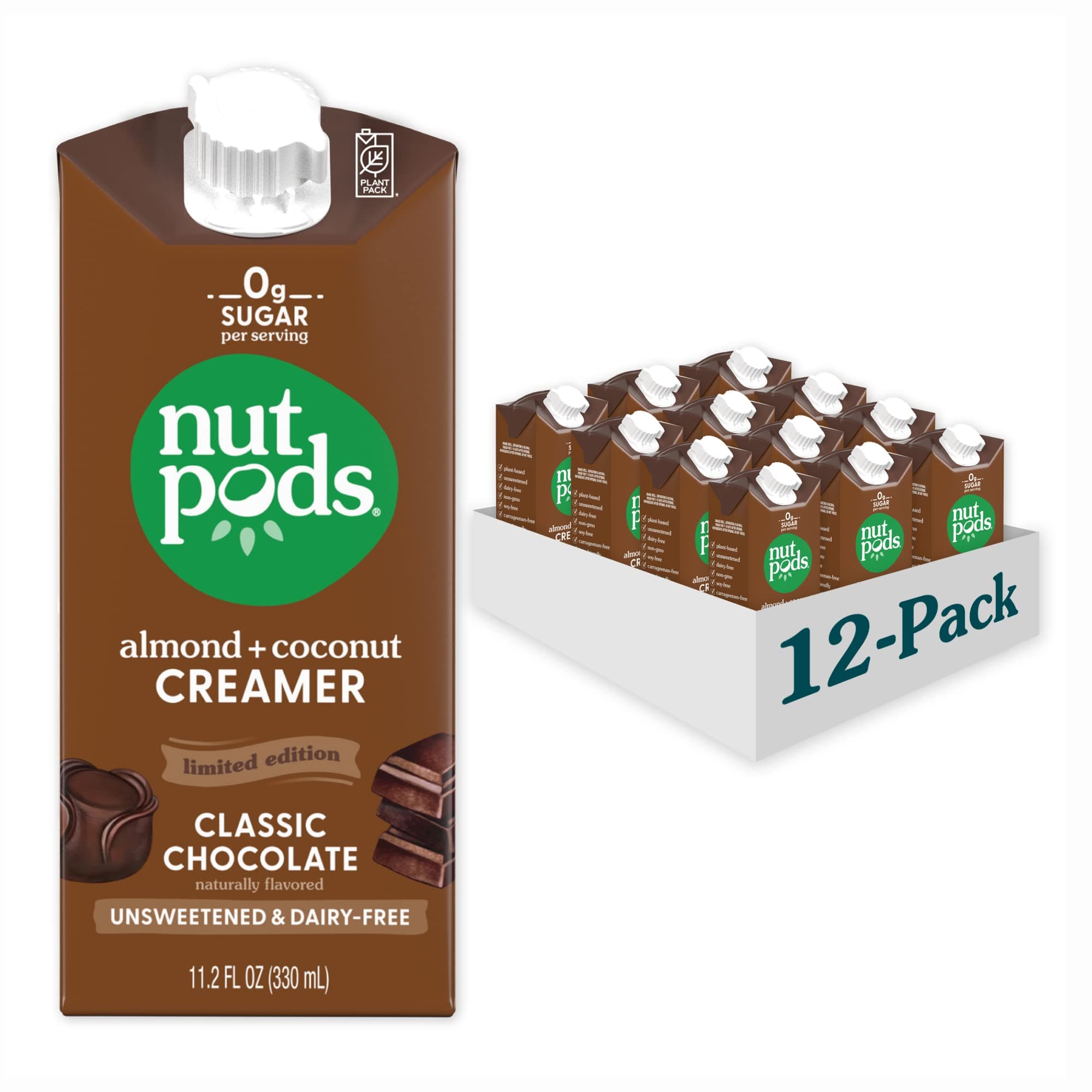 nutpods Classic Chocolate Unsweetened Dairy-Free Creamer, Made from Almonds and Coconuts, Whole30, Keto, Gluten Free, Non-GMO, Vegan, Kosher (12-Pack)