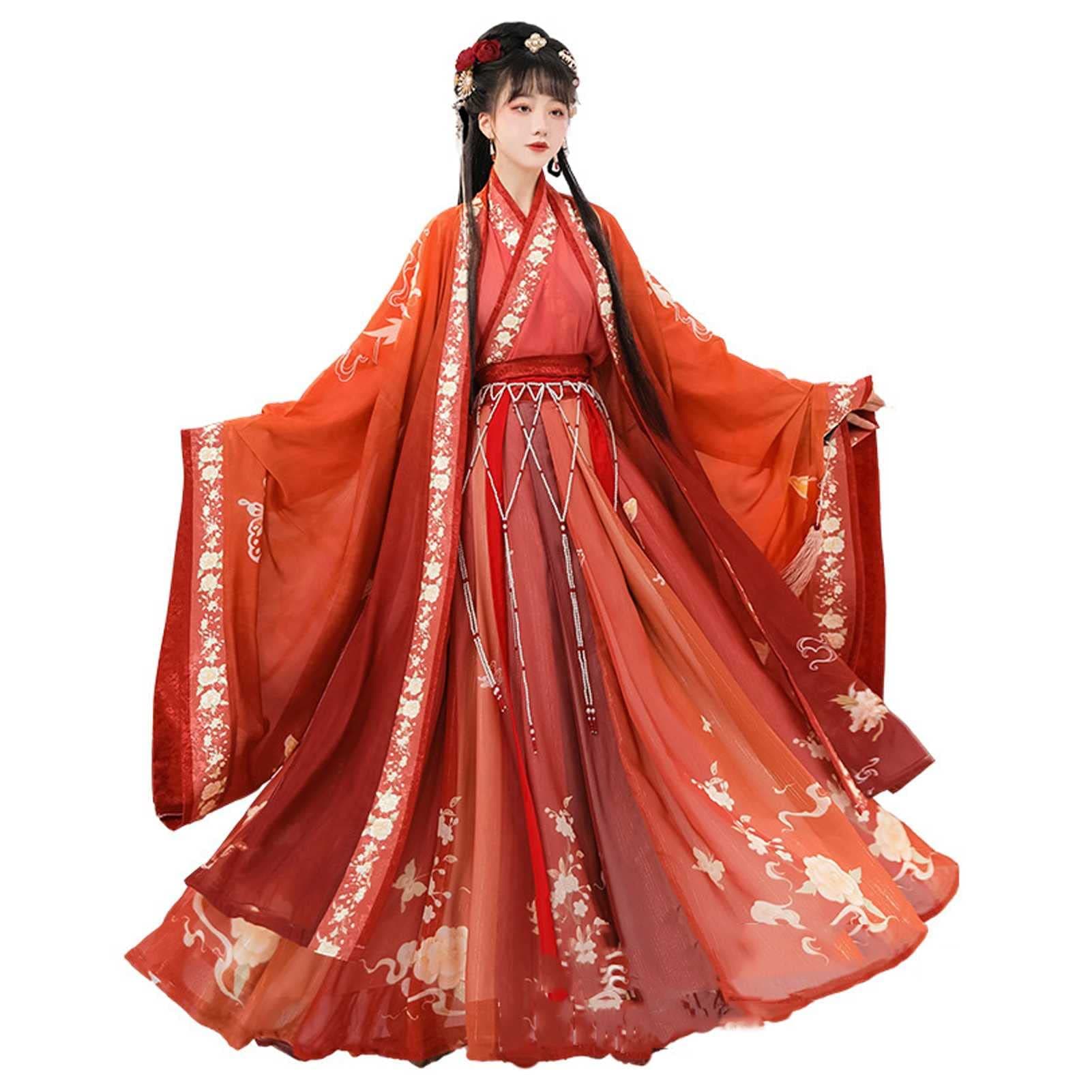 LZH FILTER Ancient Chinese Hanfu Dress For Women, Red Embroidery Traditional Chinese Princess Flowy Hanfu Cosplay Costume Dress