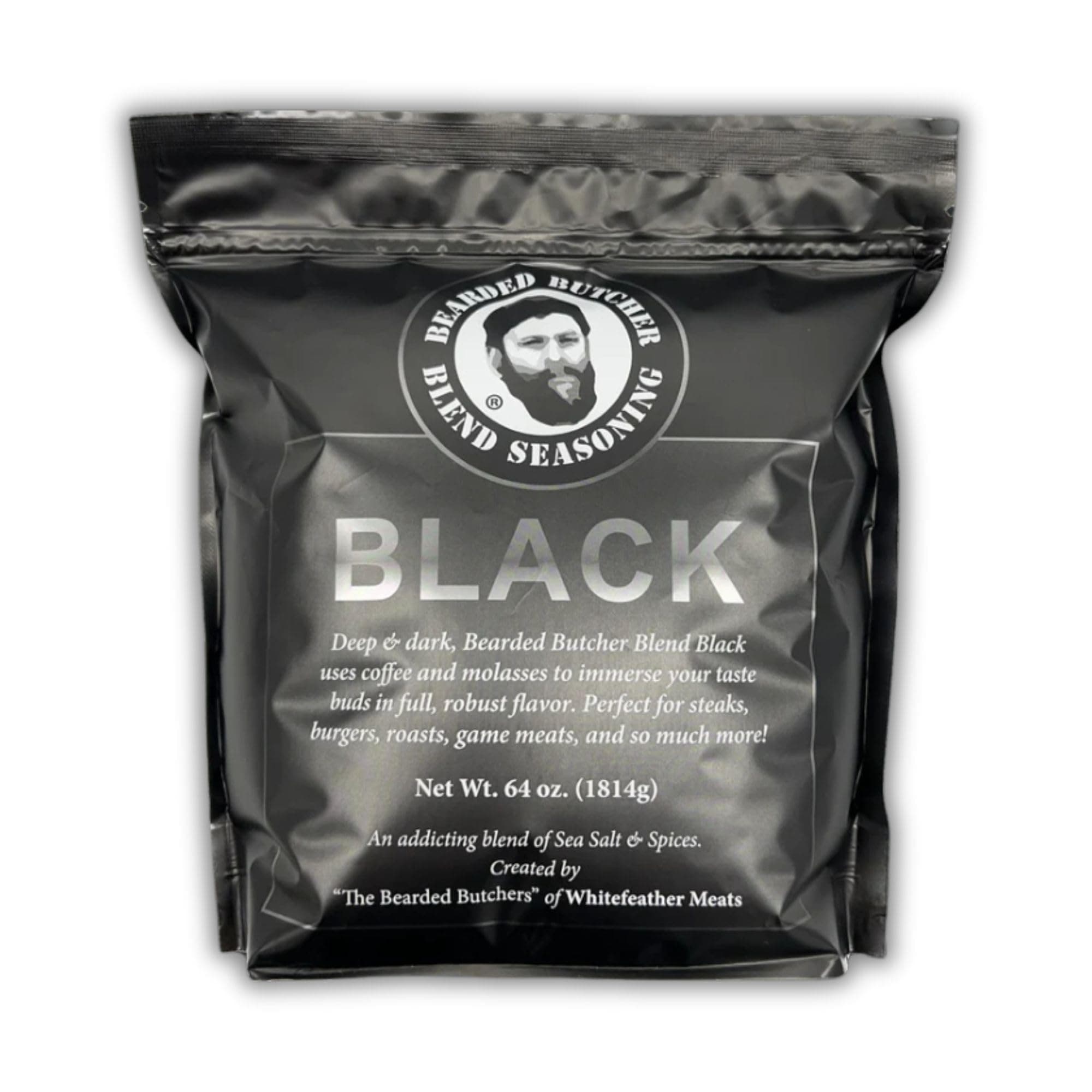Bearded Butchers Black Blend Seasoning, 64 oz Bag (4 lbs) – Coffee & Molasses Flavor for Steaks, Burgers, Brisket, Roasts, Game Meats – Gluten-Free, No MSG, Low Calorie, Rich, Versatile Seasoning