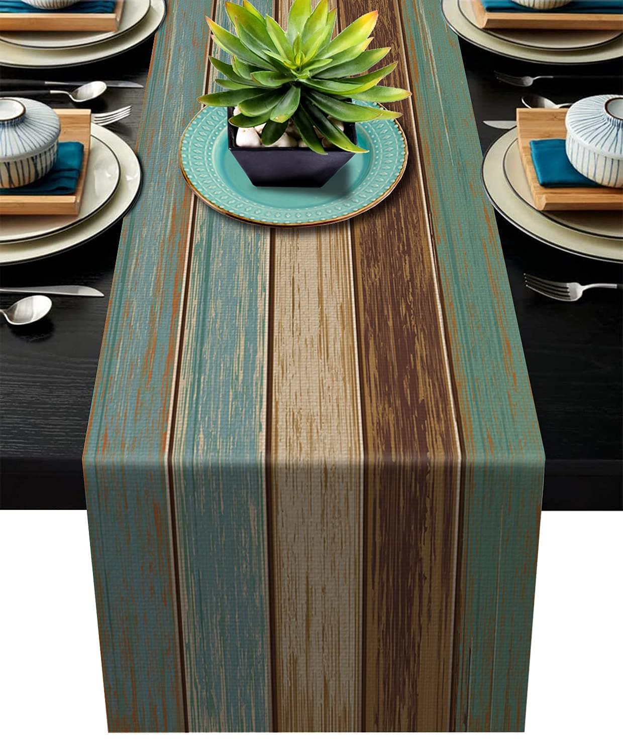 Table Runner Rustic Wood Texture Blue Green Brown Burlap Table Runners Decor for Dinner Home Farmhouse Wedding Party Holiday 13 x 70 Inch