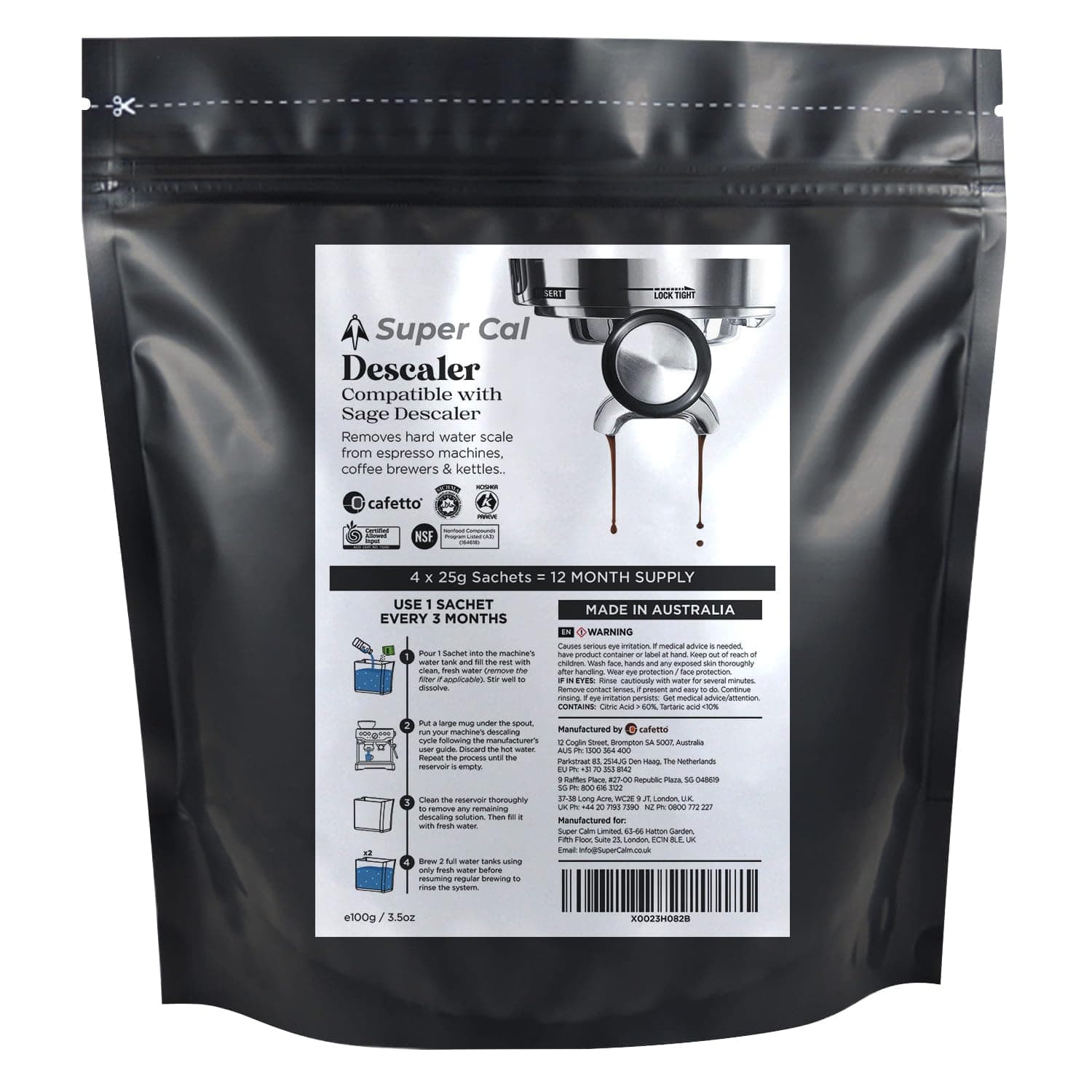 Sage Descaler - 4 x 25g Sachets made by Cafetto who make Sage Coffee machine Descaler for Coffee Machines & Kettles | Made in Australia - ACO & NSF Certified - protects your machine - By Super Cal