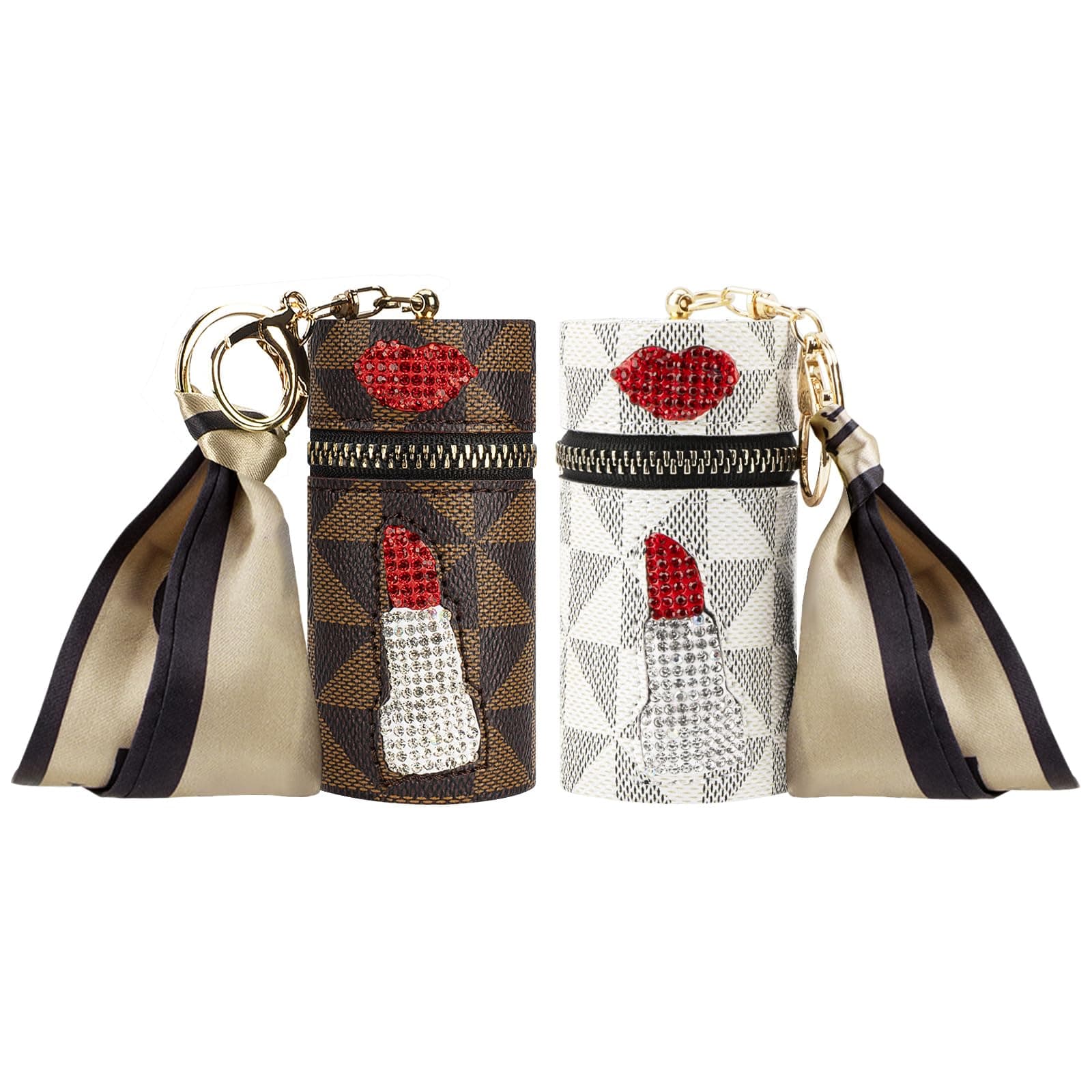 Adorila 2 Pack Lipstick Travel Case, Leather Diamond Lip Gloss Bag with Keychain, Lipstick Organizer for Purse Perfume Fingernail Polish (Brown, White)
