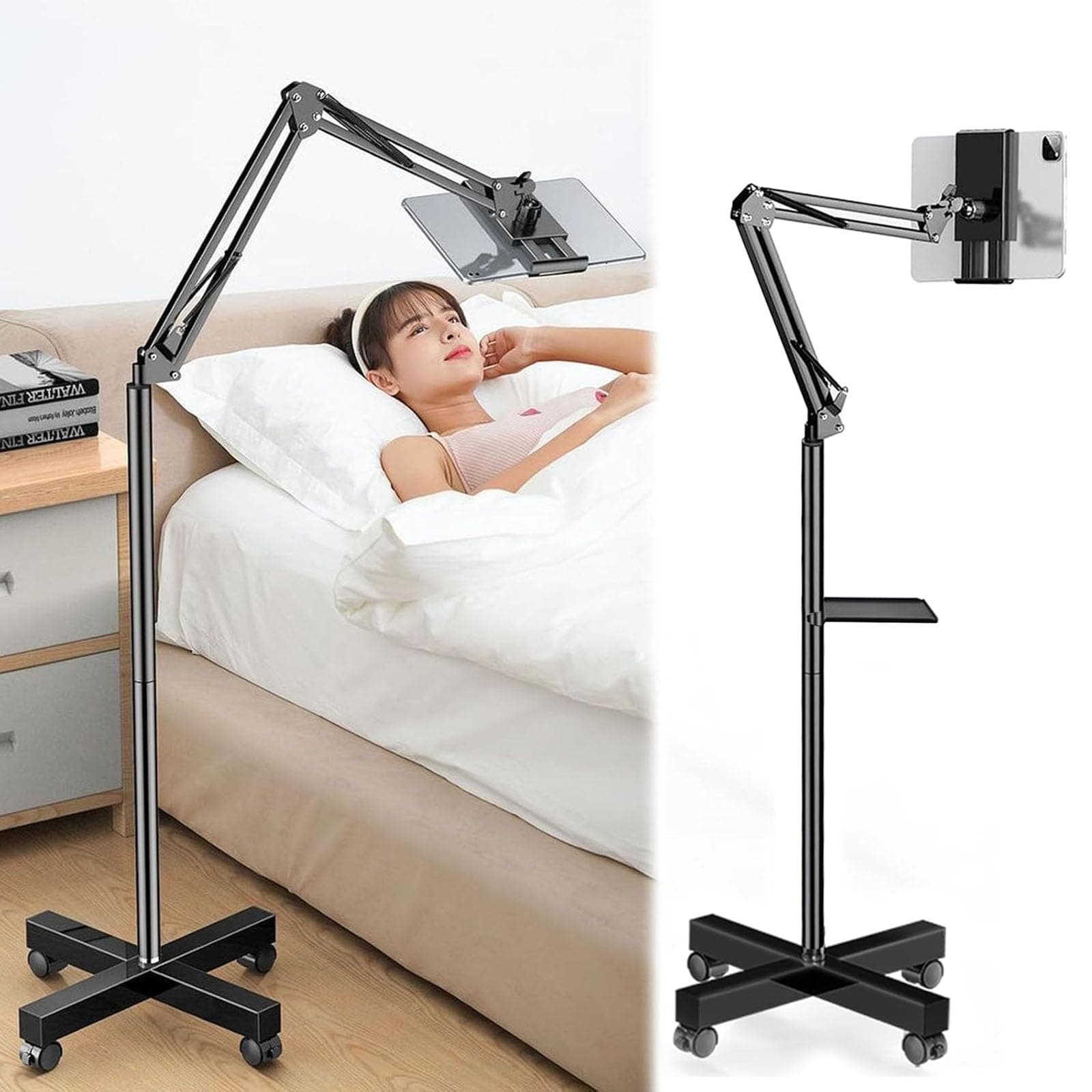 AisnyTablet Holder, Tablet Stand Adjustable Tablet Stand Gooseneck Tablet Holder with Wheels Free Movement for iPad iPhone Samsung Tab Smartphone E-reader