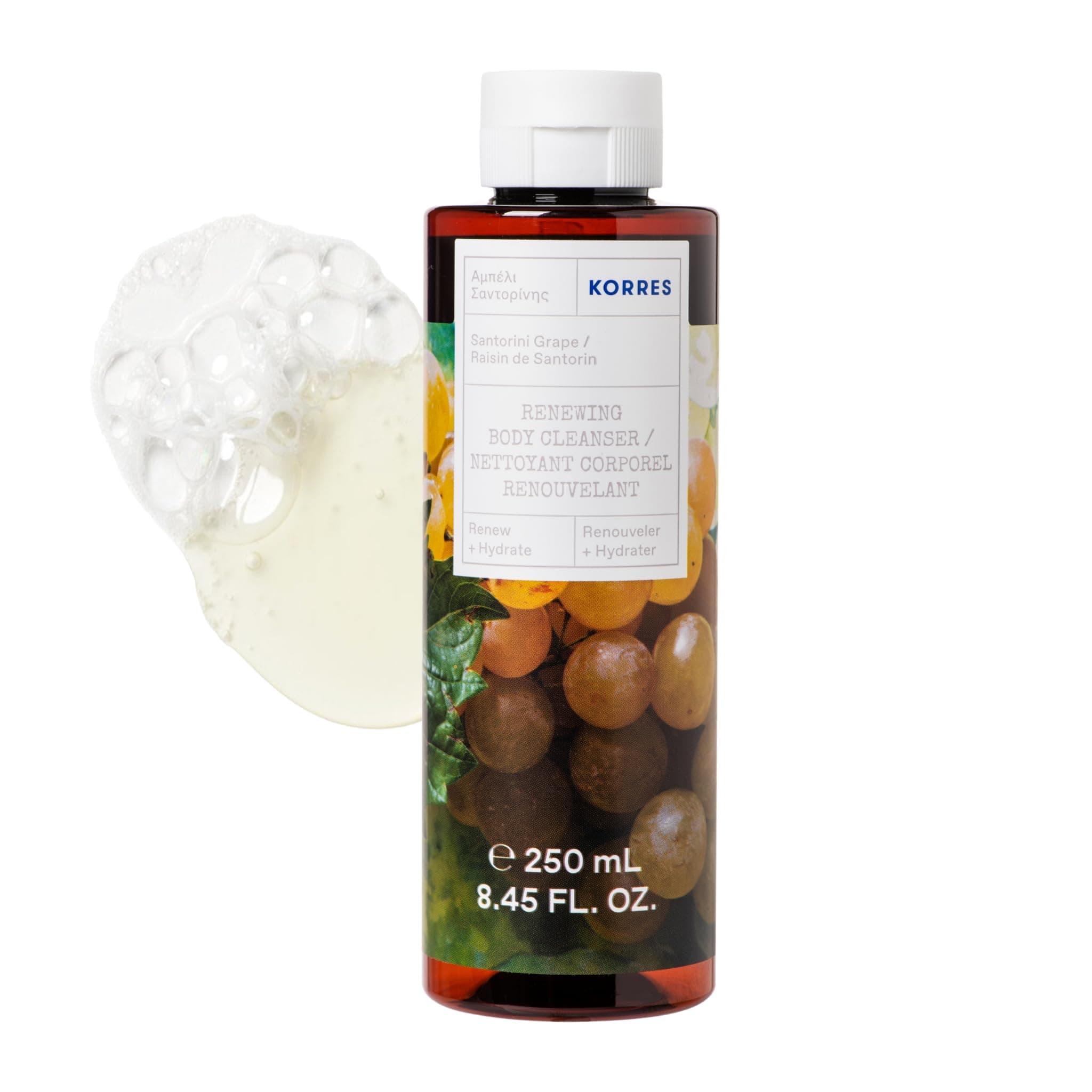 Renewing Body Cleanser, Santorini Grape, Foaming Shower Gel for Women & Men with Hydrating Greek Botanicals, Body Wash for Smooth Skin, Vegetarian & Cruelty Free, Made in Greece, 8.45 Fl Oz