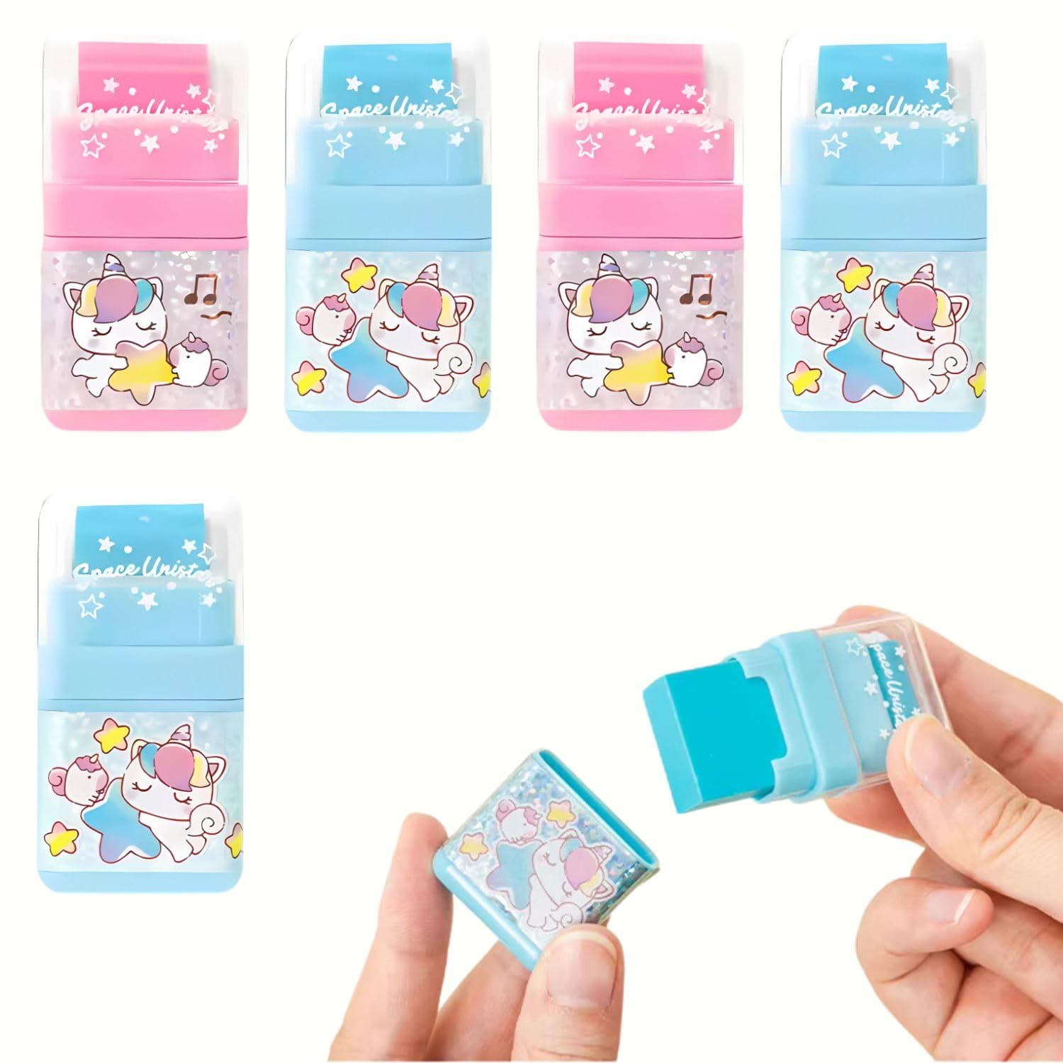 Crackles Cute Kawaii Cartoon Roller Eraser in a Glitter Cap Pencil Rubber Eraser Set Stationery for Boys and Girls and Birthday Return Gifts - Pack of 5 Design May Vary (Pink and Blue)