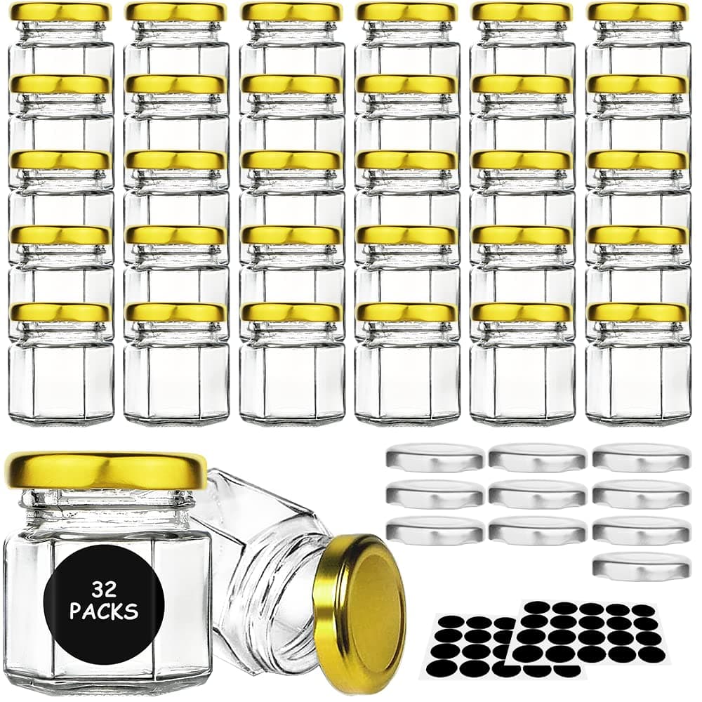 Syntic 32 Pcs 1.5 oz (50ML) Hexagon Jars/Glass Jars with Gold Lids, Small Mason Jars for Wedding, Party Favors, Extra 10 Silver Lids, Chalkboard Labels
