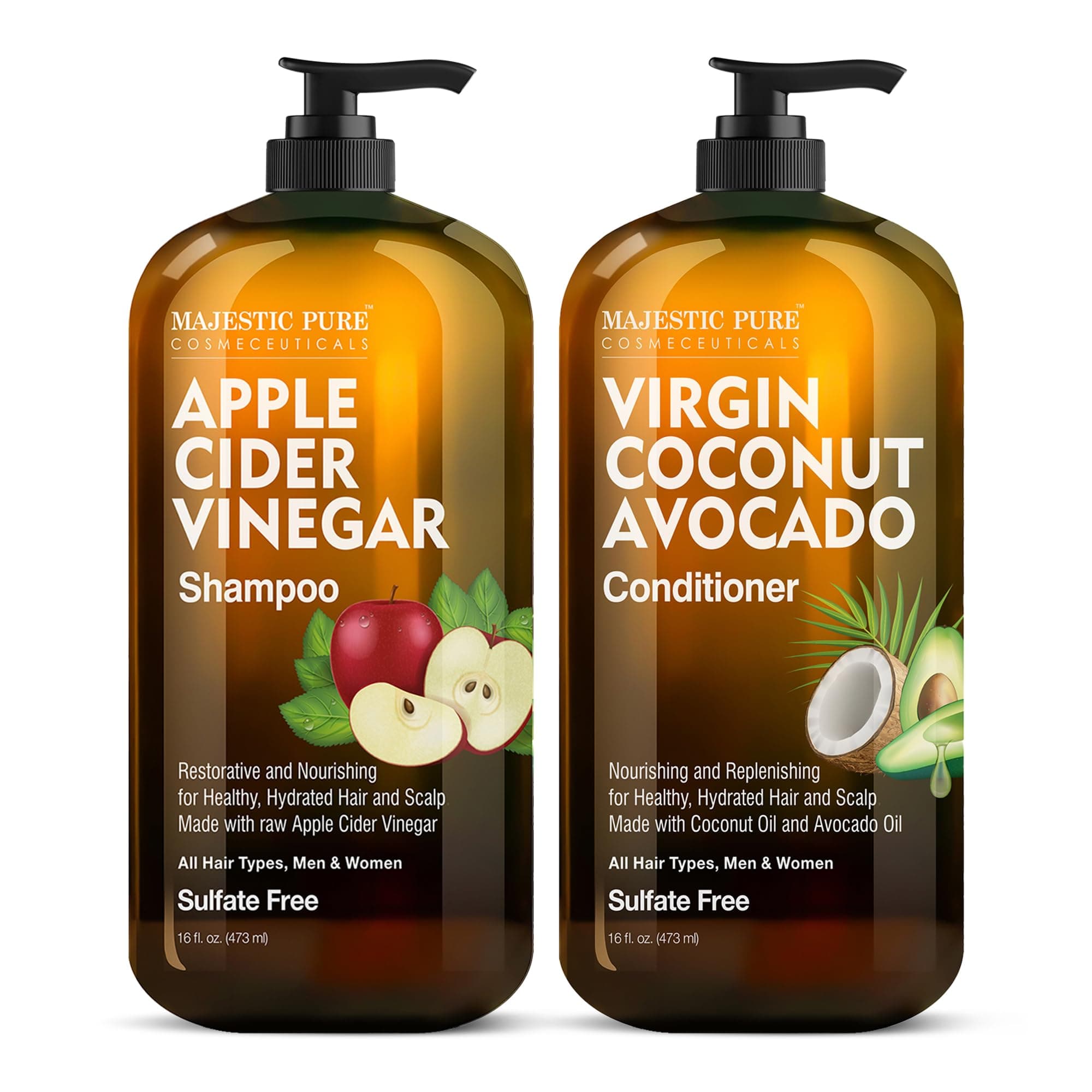 Apple Cider Vinegar Shampoo and Avocado Coconut Conditioner Set - Restores Shine & Reduces Itchy Scalp, Dandruff & Frizz - Sulfate Free, for All Hair Types, Men and Women - 2 x 473 ml