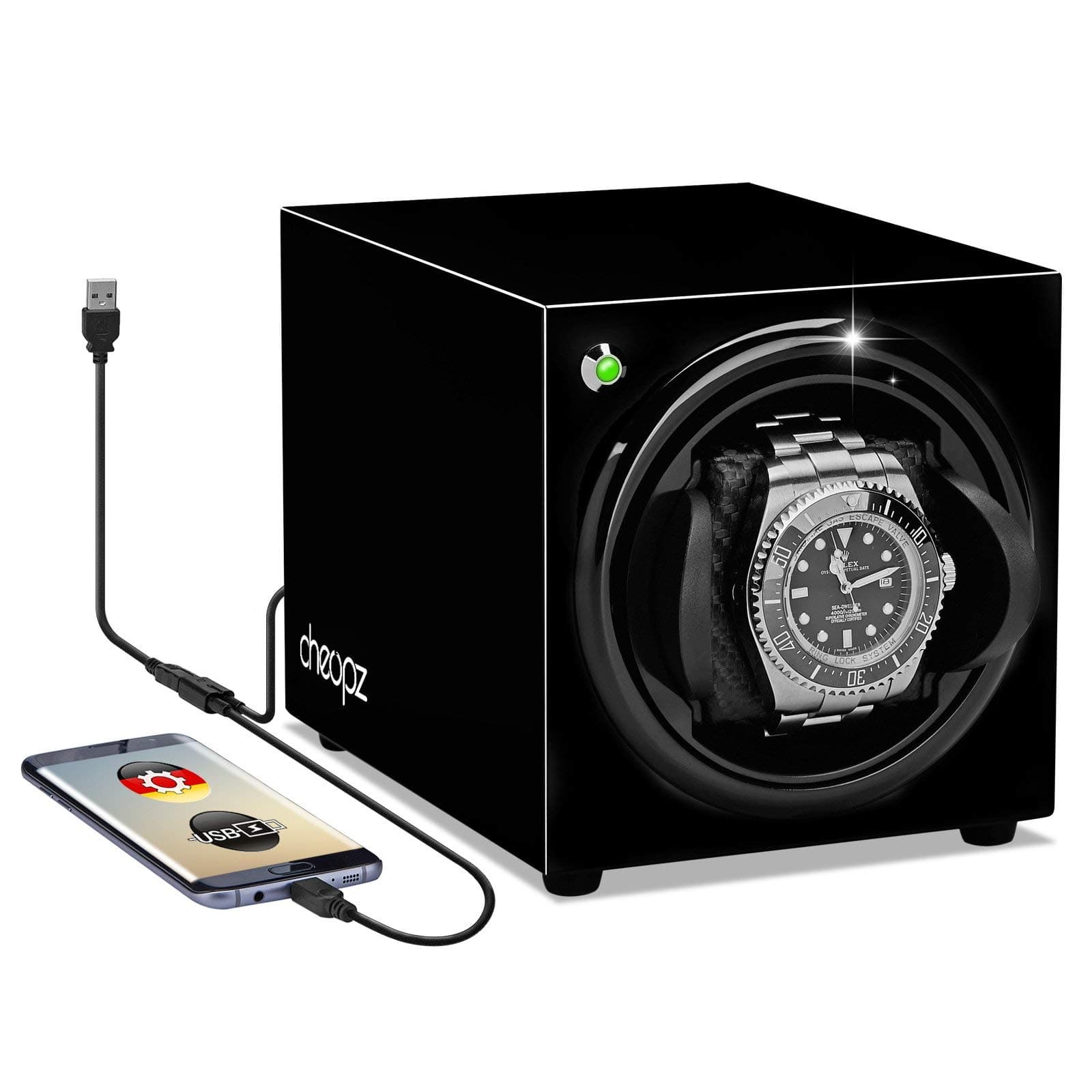 USB Automatic Watch Winder for Single Watch Dual Powered by Batteries & USB, Black by Cheopz