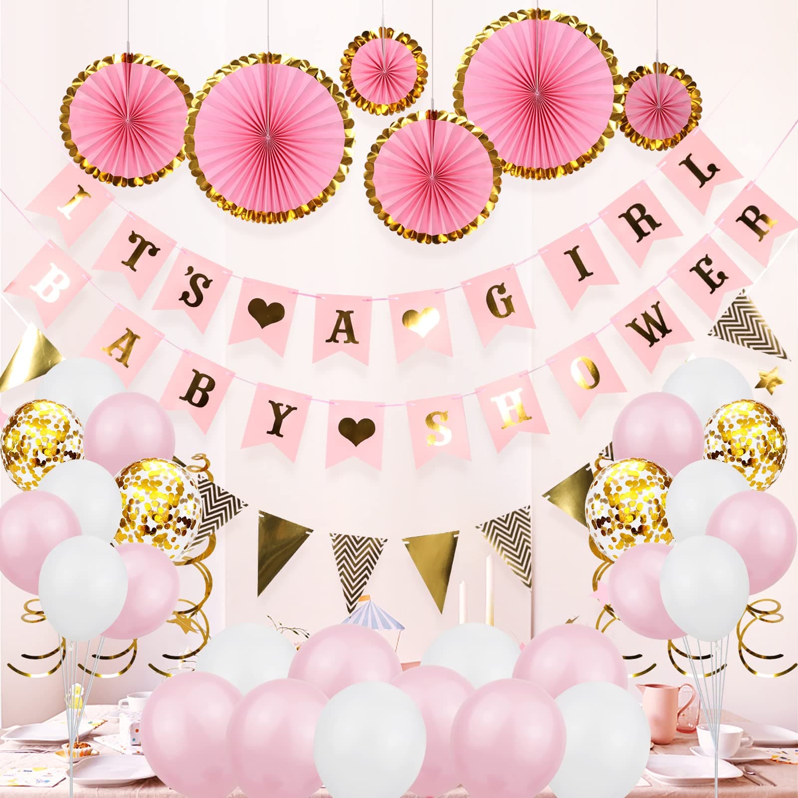 JueslyBaby Shower Decorations for Girl - Pink and Gold Baby Shower Decorations,It's a boy baby shower banner,Paper flower fan,Balloon,Best Easy Set Up Baby Shower Party Decorations Set
