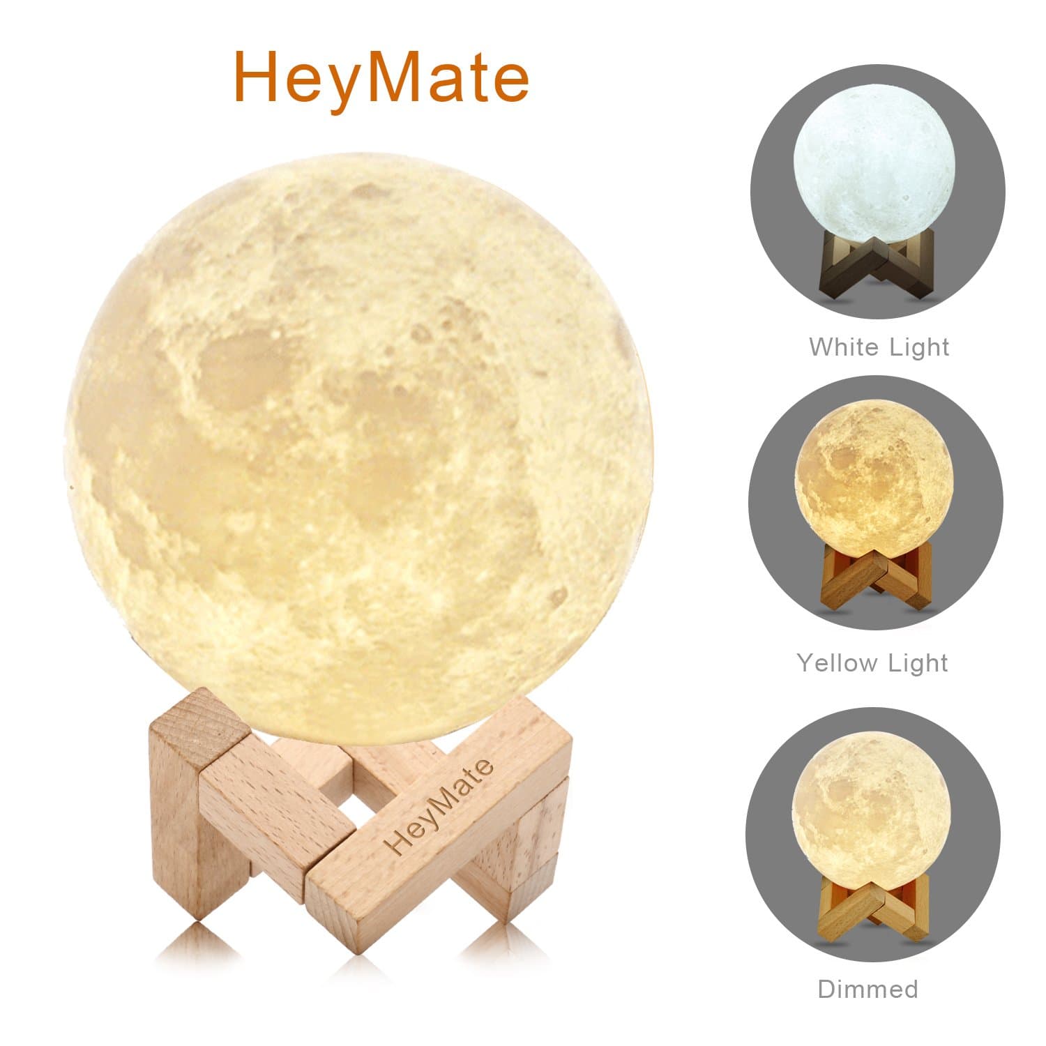 3D Printing Lunar Lamp Touch Control Night Light as Kids Women Girls Gift, 4.7" Rechargeable Moon Lamp with Wooden Holder, Warm Cool White Dimmable Touch Control